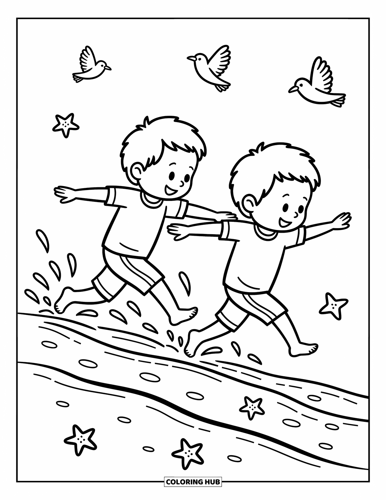 Desenho de Praia para Colorir para Adultos: Uma corrida divertida na praia com dois amigos correndo pela orla