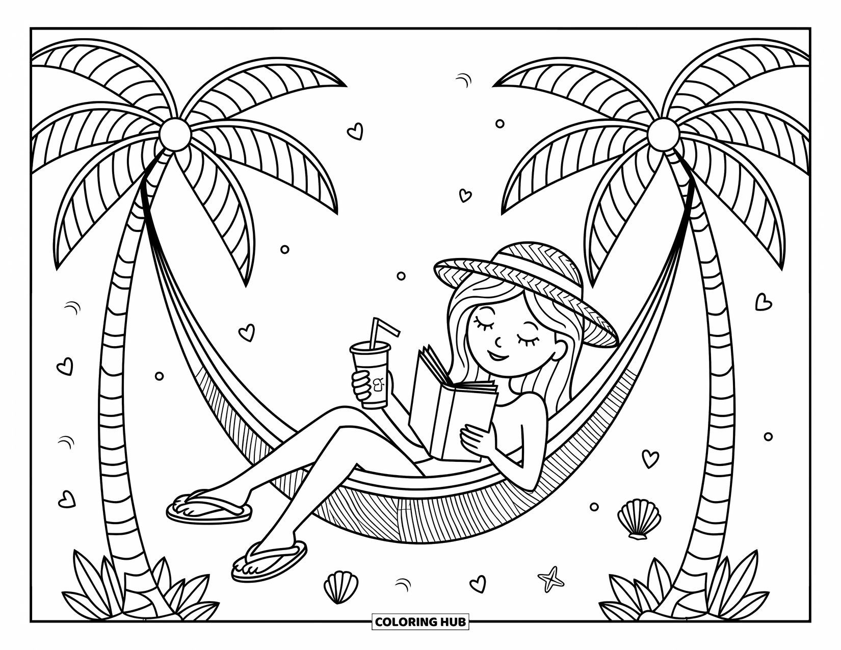 Desenho de Praia para Colorir para Adultos: Uma garota relaxa em uma rede, bebendo suco e lendo um livro