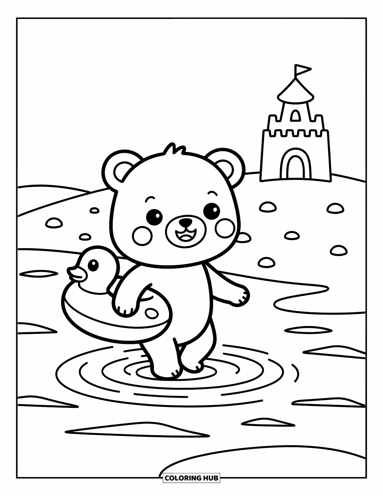 Desenho de Praia para Colorir para Adultos: Um urso feliz entra na água do oceano, segurando um anel de pato de brinquedo