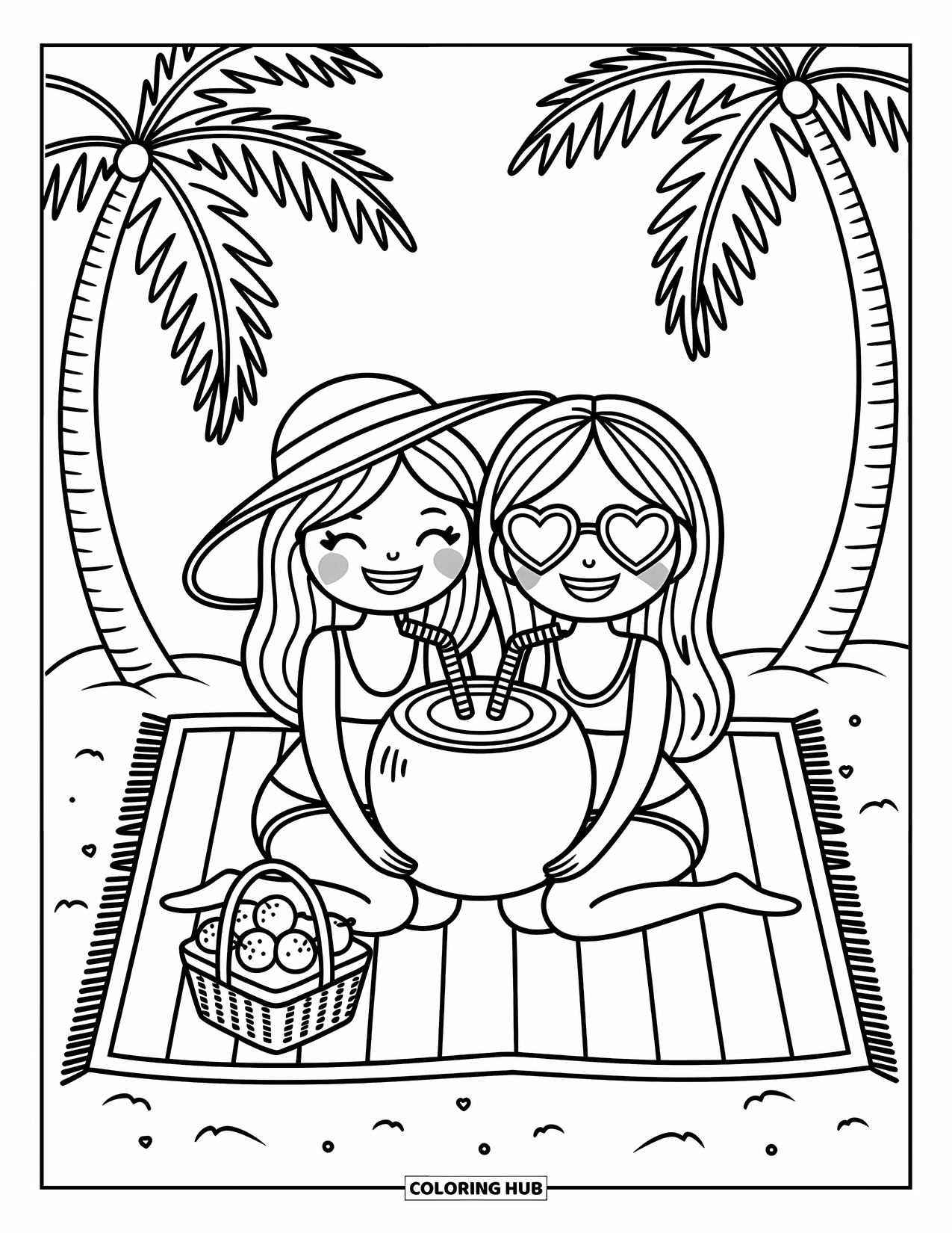Desenho de Praia para Colorir para Adultos: Uma dupla feliz desfruta de uma bebida de coco sob palmeiras balançando