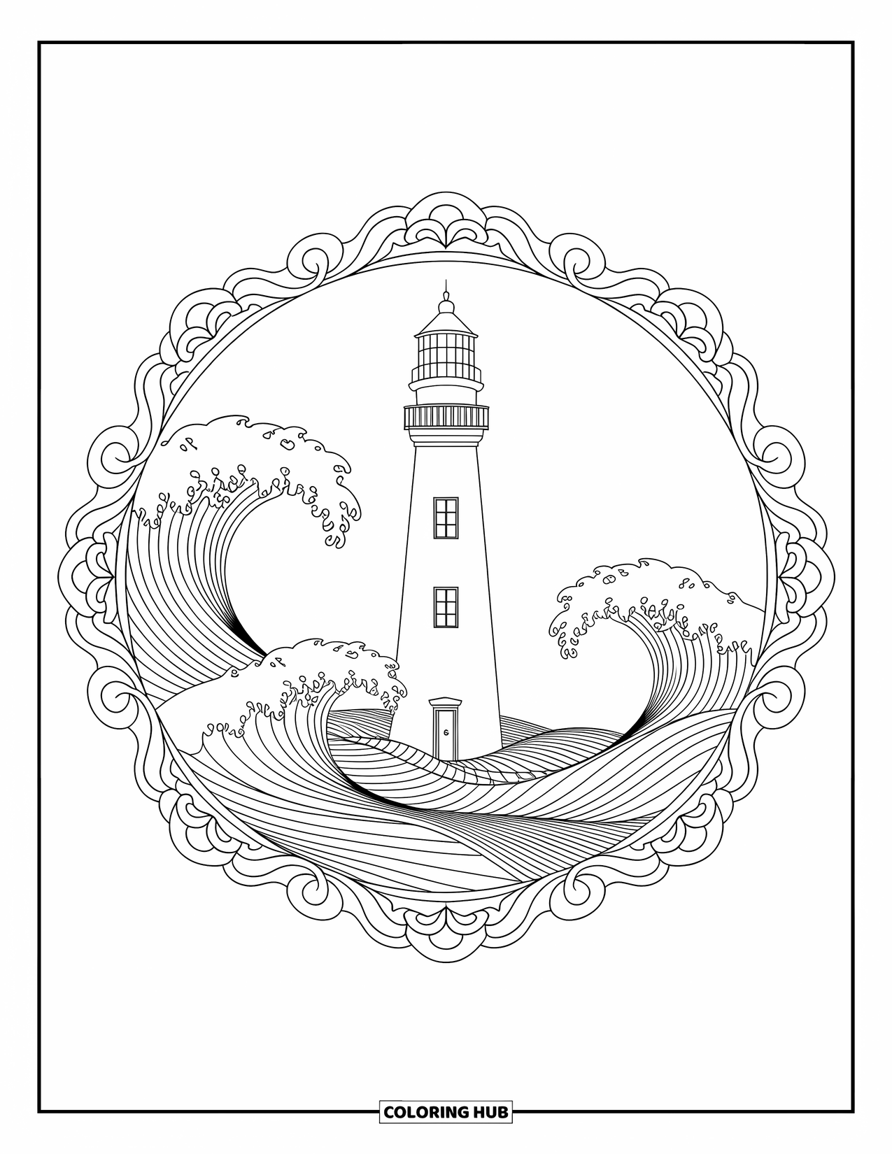 Desenho de Praia para Colorir para Adultos: Um farol com intrincados padrões de mandala, emoldurado por ondas oceânicas rodopiantes