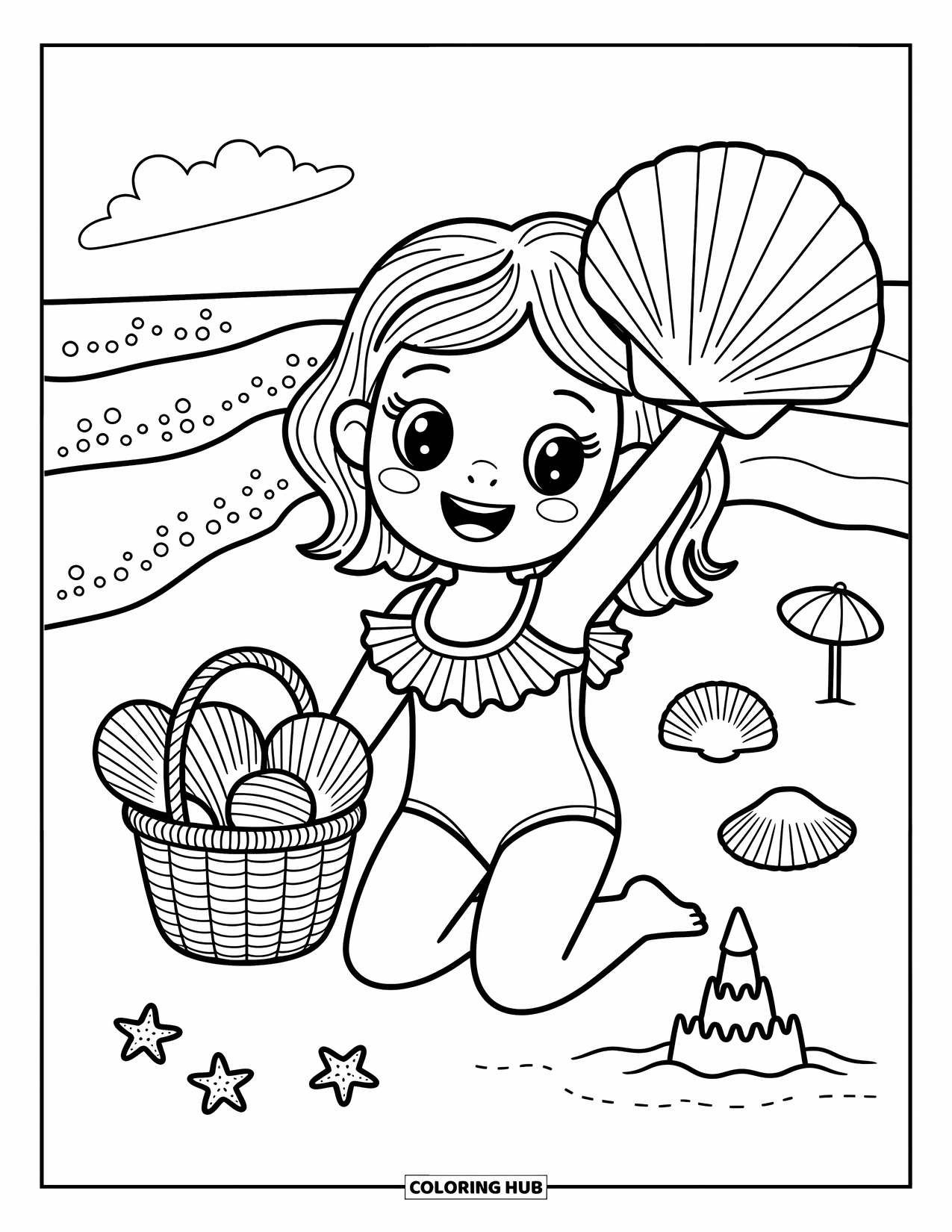 Desenho de Praia para Colorir para Adultos: Uma menina com um maiô de babados encontra uma bela concha