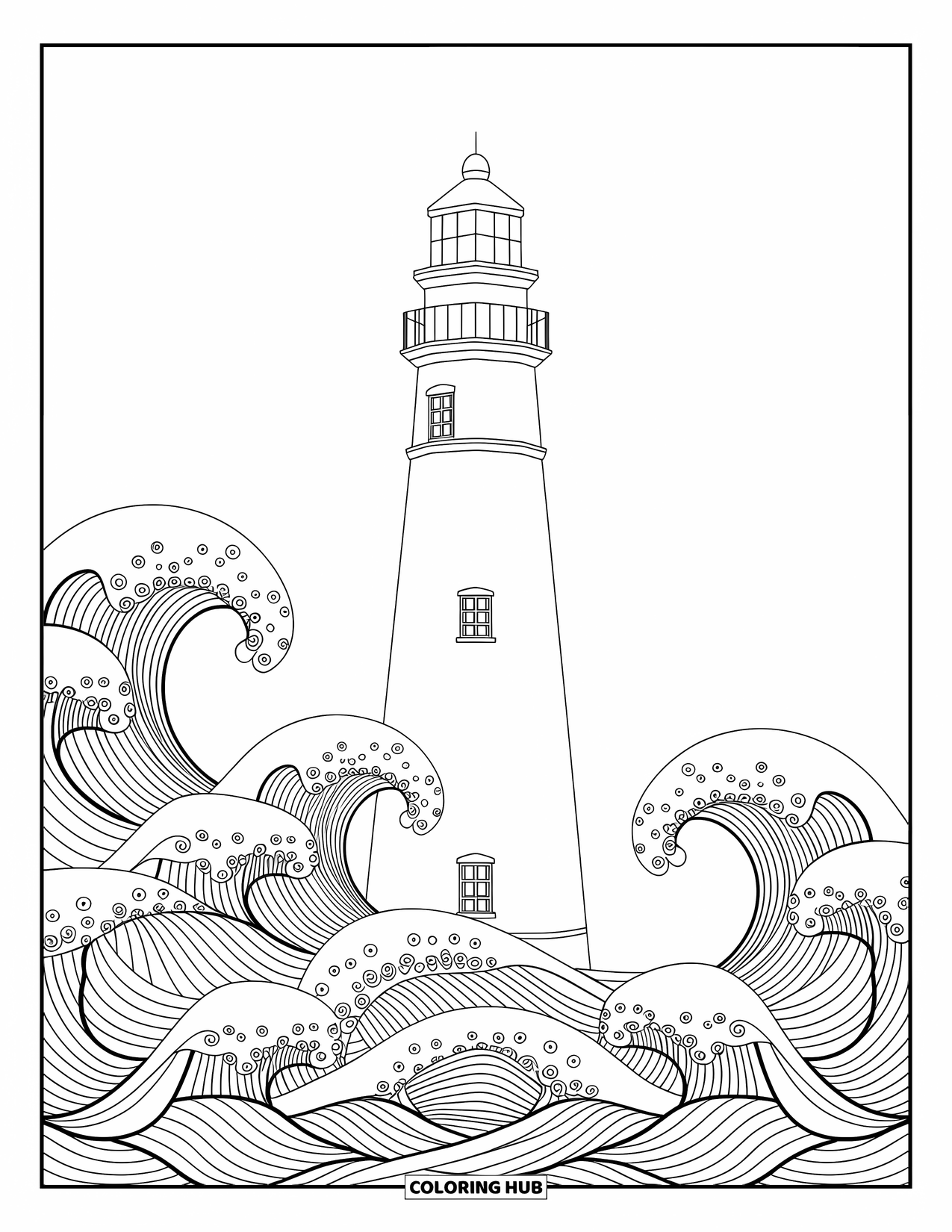 Desenho de Praia para Colorir para Adultos: Um farol majestoso se eleva acima das ondas em um design elegante e artístico