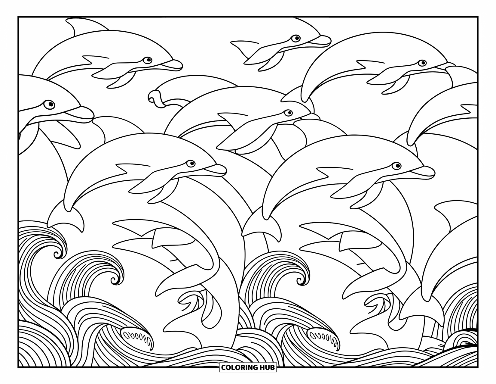 Desenho de Praia para Colorir para Adultos: Um padrão hipnotizante de golfinhos saltando através de ondas artísticas e onduladas