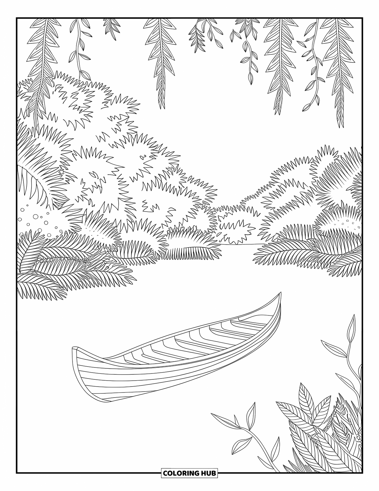 Desenho de Praia para Colorir para Adultos: Uma lagoa tranquila cercada por folhagem densa, com um barco de madeira solitário