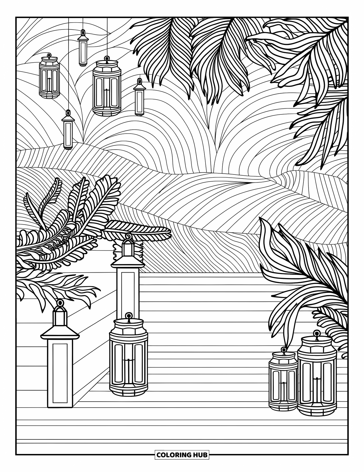 Desenho de Praia para Colorir para Adultos: Um refúgio à beira-mar tranquilo com velas brilhantes e vinhas esvoaçantes