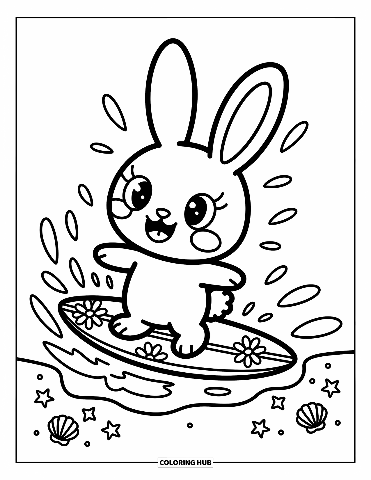Desenho de Praia para Colorir para Adultos: Um coelho brincalhão surfa uma onda suave em uma prancha com estampa de flores