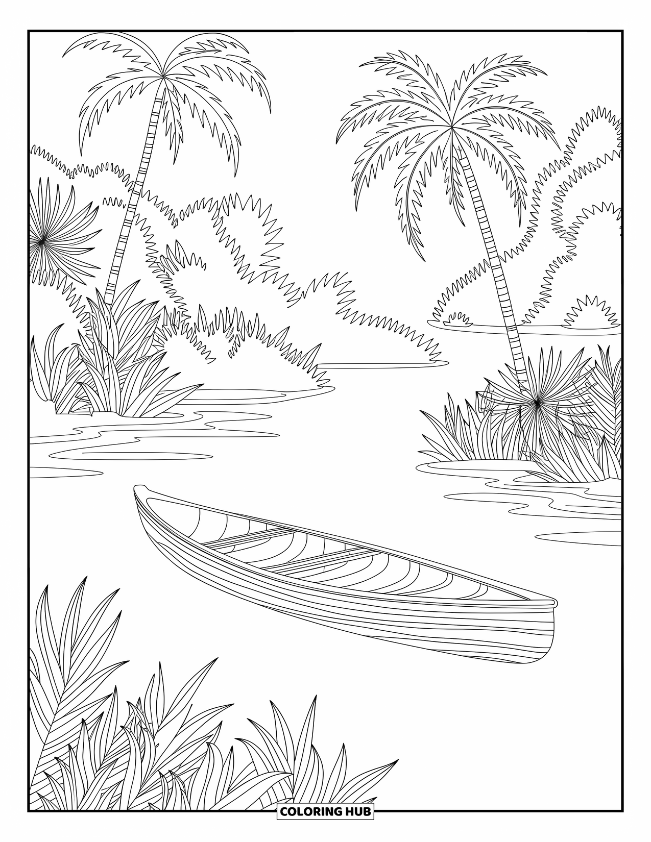 Desenho de Praia para Colorir para Adultos: Uma cena serena de canoa em uma lagoa tranquila, emoldurada por plantas tropicais