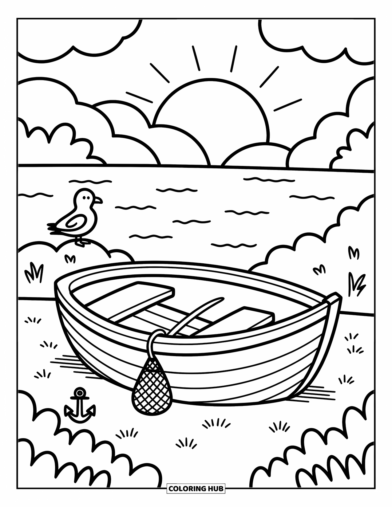 Desenho de Praia para Colorir para Adultos: Um pequeno barco a remos de madeira repousa na costa arenosa com uma gaivota por perto