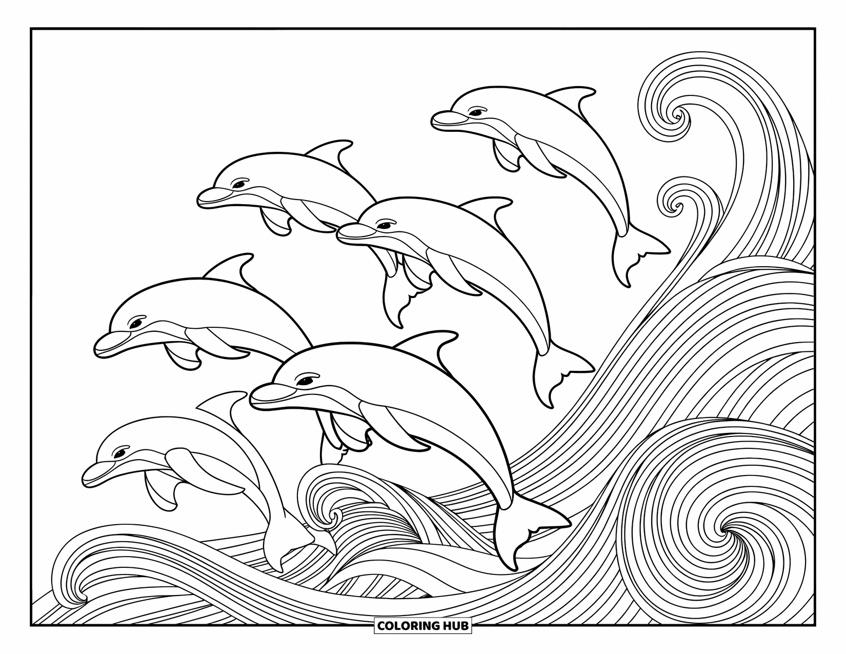 Desenho de Praia para Colorir para Adultos: Um padrão de golfinhos sofisticado fluindo perfeitamente com ondas oceânicas rodopiantes