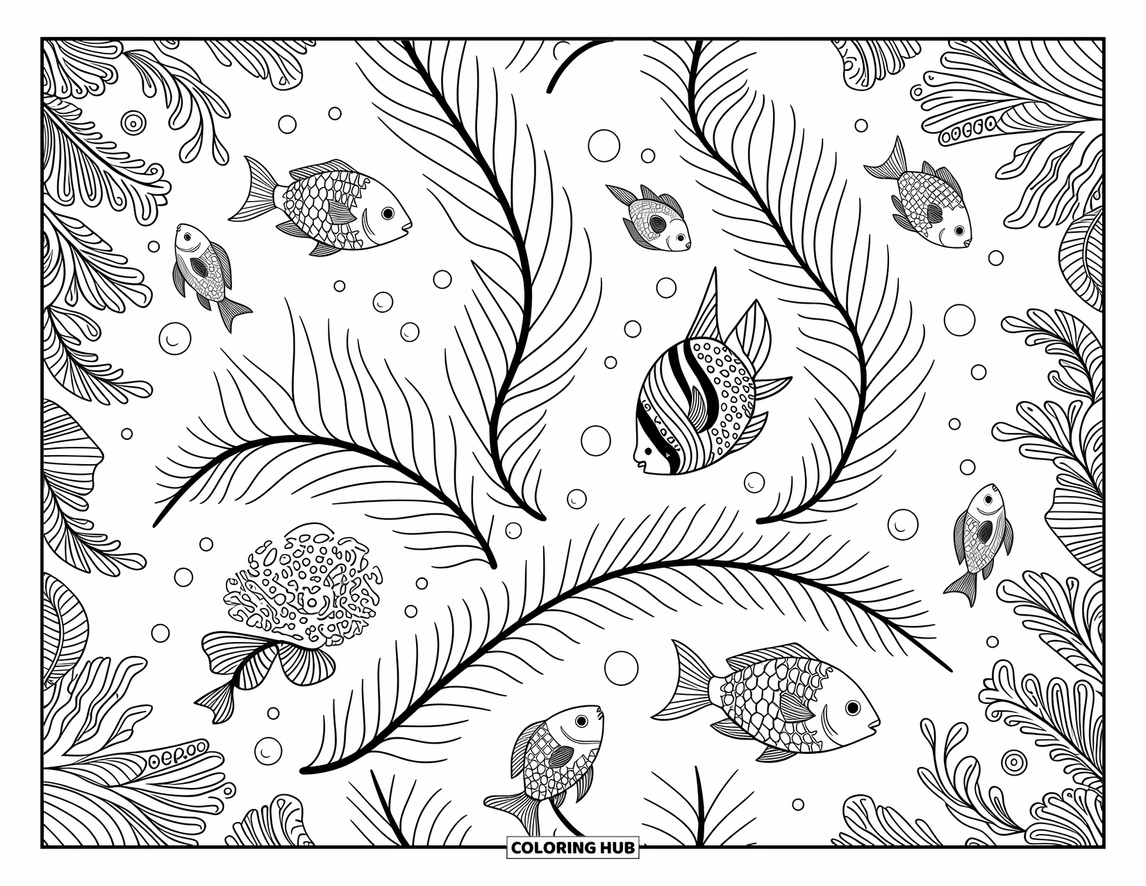 Desenho de Praia para Colorir para Adultos: Um padrão subaquático deslumbrante de algas marinhas rodopiantes, bolhas e peixes tropicais