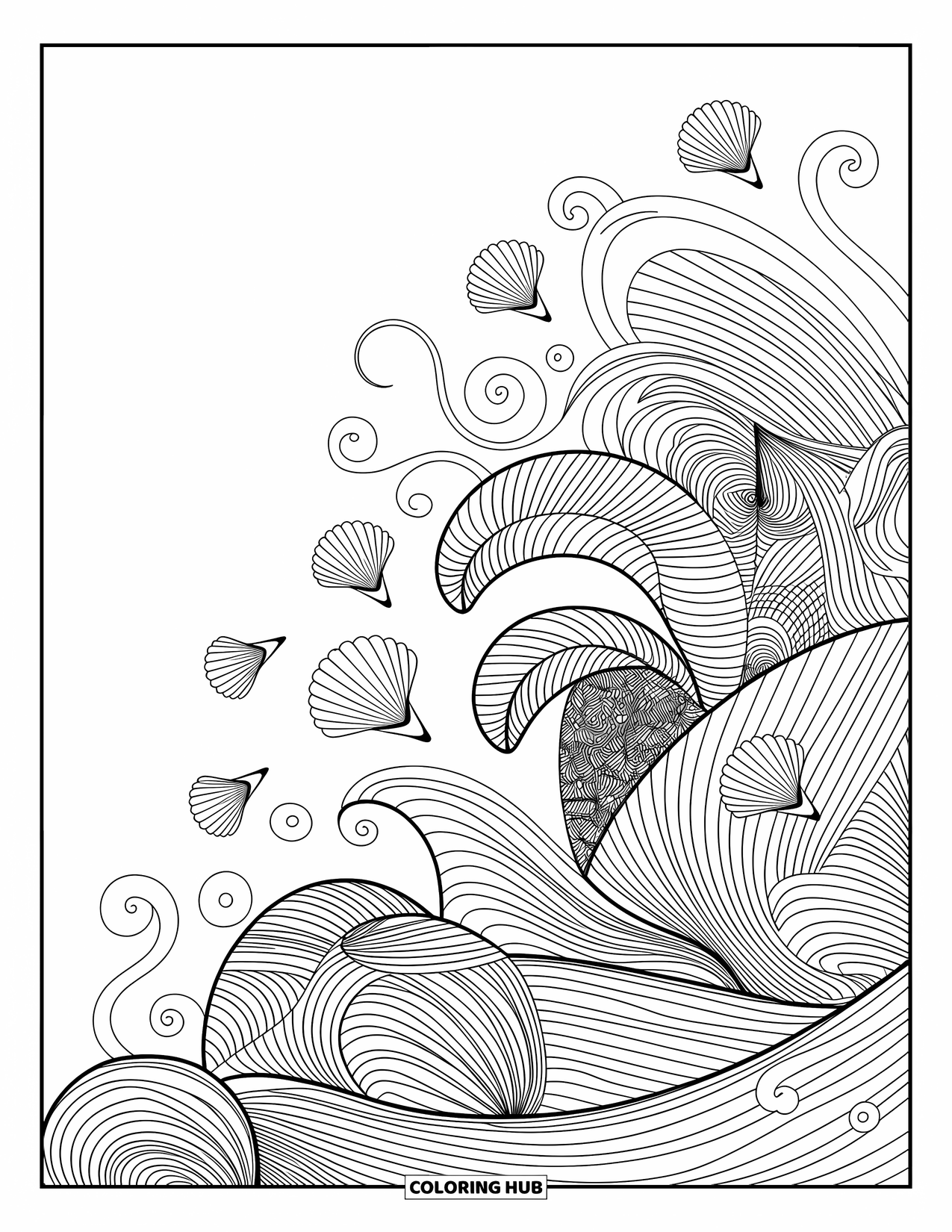 Desenho de Praia para Colorir para Adultos: Um padrão de mandala oceânica rodopiante, misturando ondas e conchas lindamente