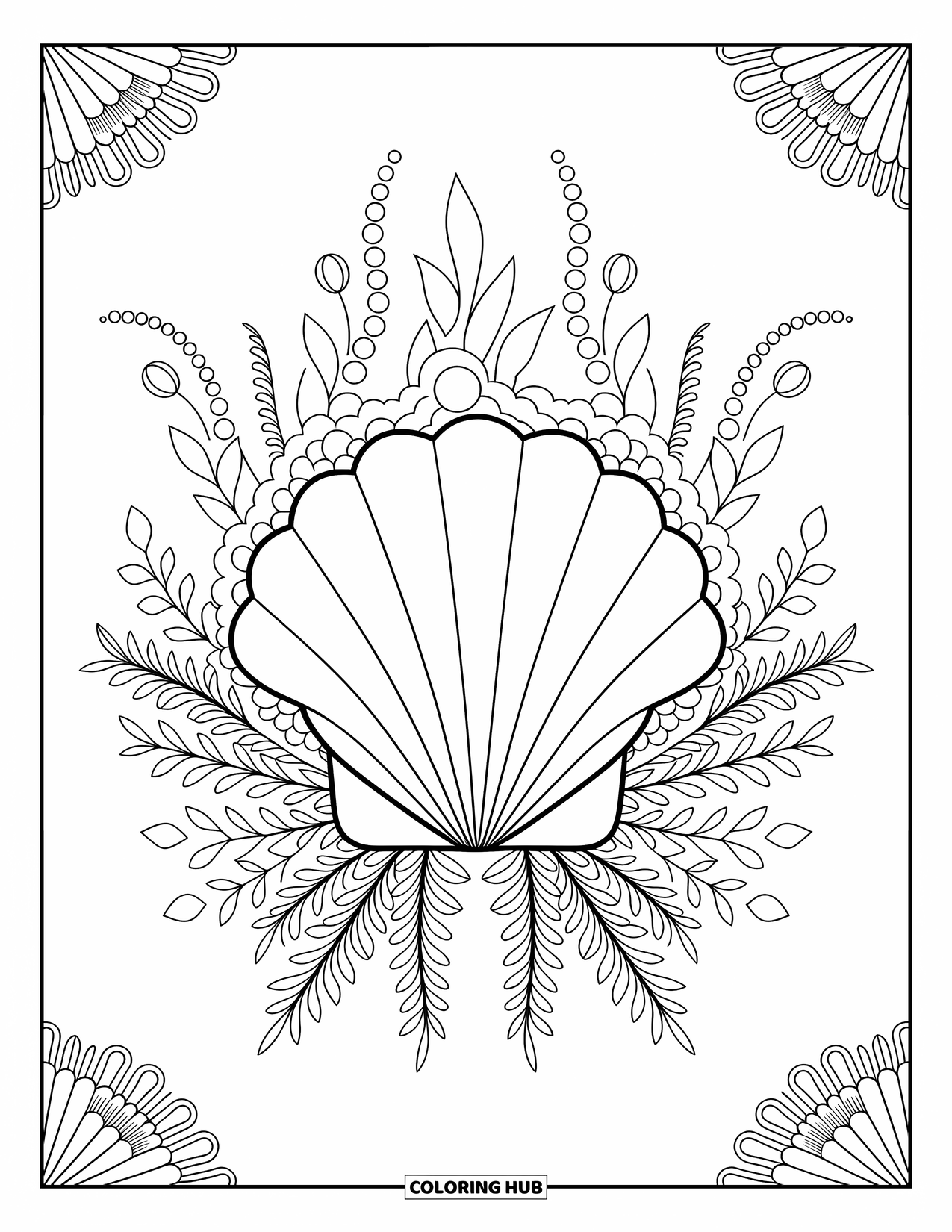 Desenho de Praia para Colorir para Adultos: Um padrão simétrico de concha e pérola, adornado com detalhes florais delicados