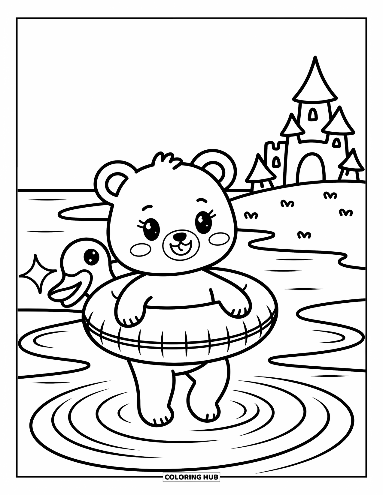 Desenho de Praia para Colorir para Adultos: Um ursinho com uma boia entra felizmente na água rasa