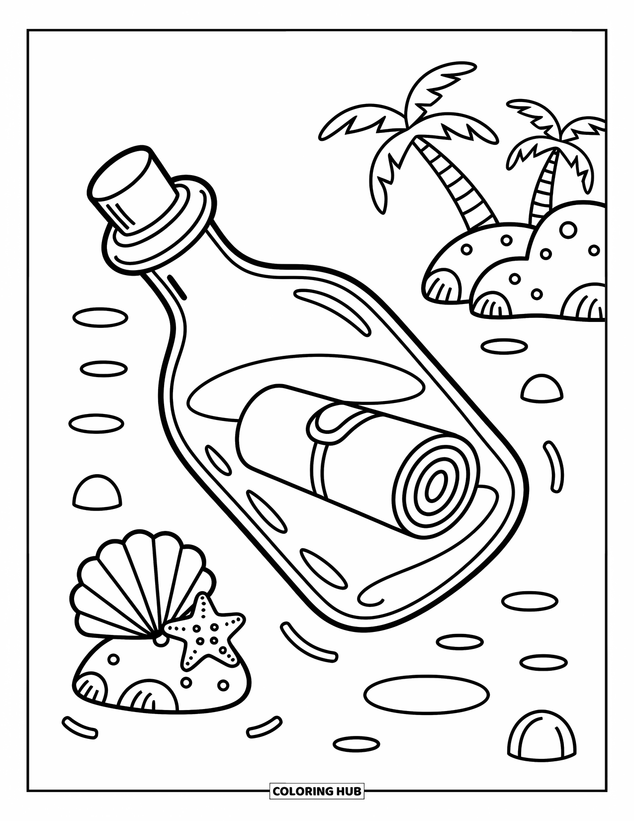Desenho de Praia para Colorir para Adultos: Uma garrafinha com uma mensagem secreta flutua pacificamente no mar