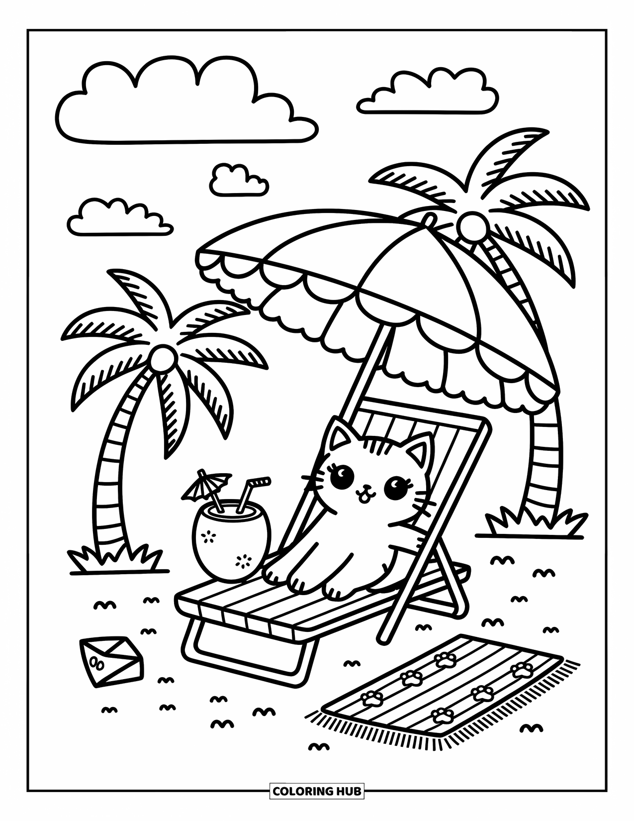Desenho de Praia para Colorir para Adultos: Um gatinho tira uma soneca sob um guarda-sol, com palmeiras balançando
