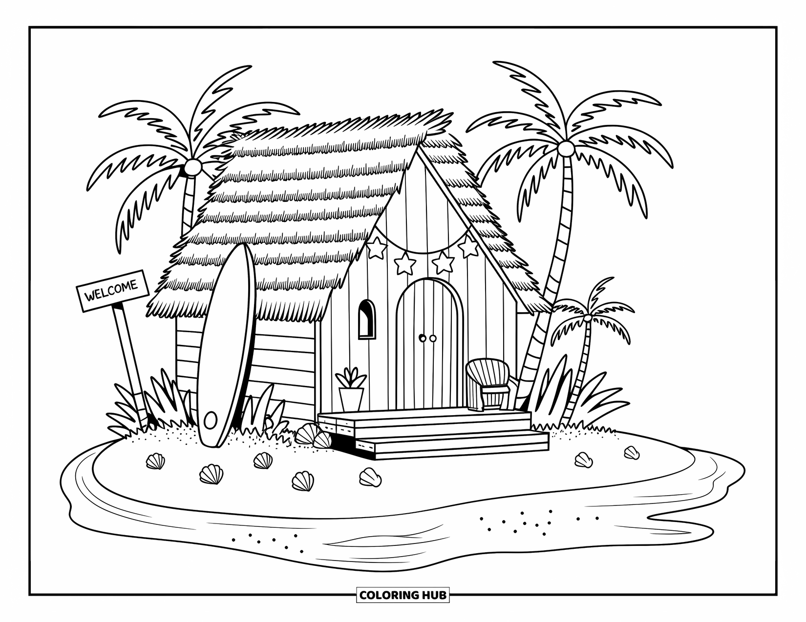 Desenho de Praia para Colorir para Adultos: Uma cabana de praia tropical com lanternas e uma prancha de surfe na porta