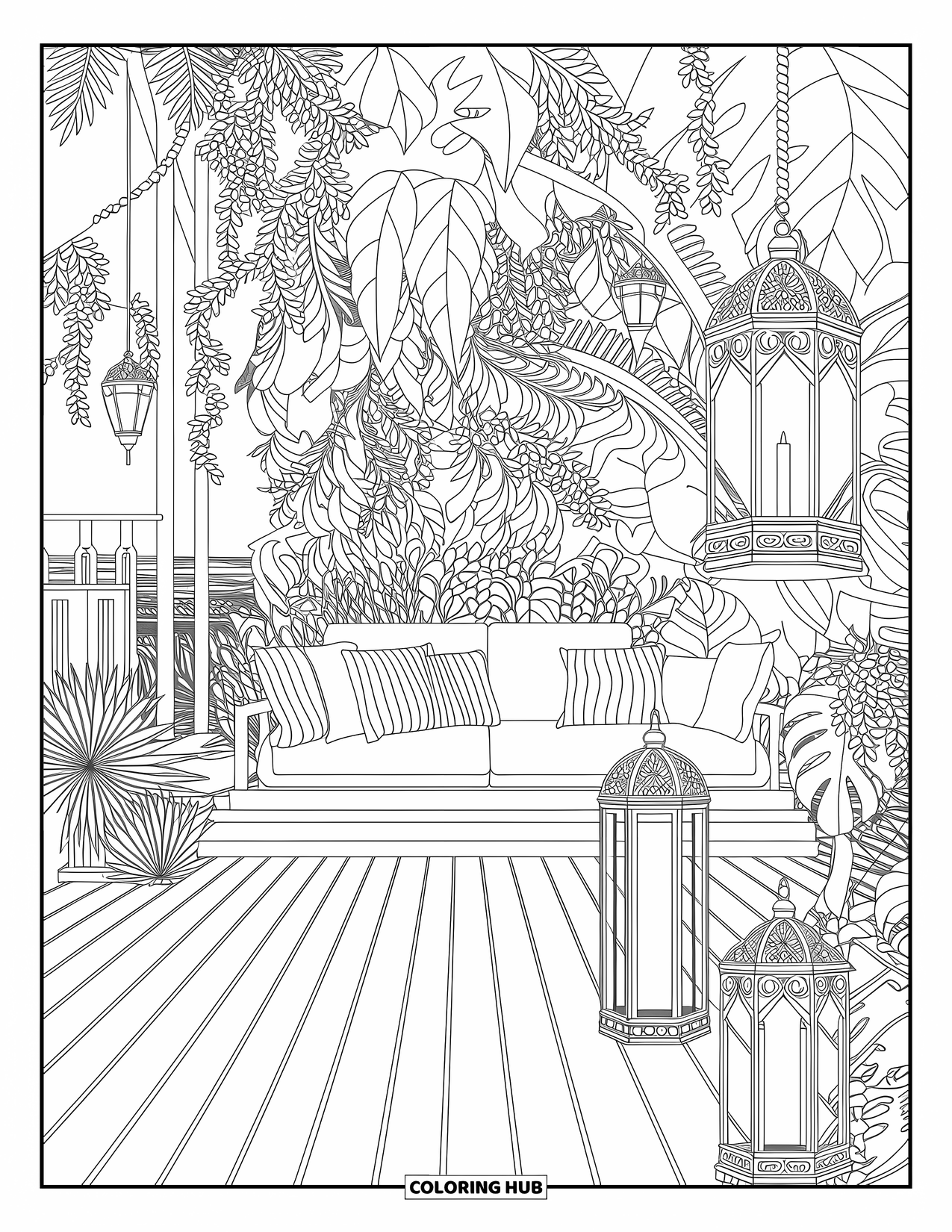 Desenho de Praia para Colorir para Adultos: Um refúgio tropical com um deck à luz de velas, emoldurado por plantas exuberantes e lanternas