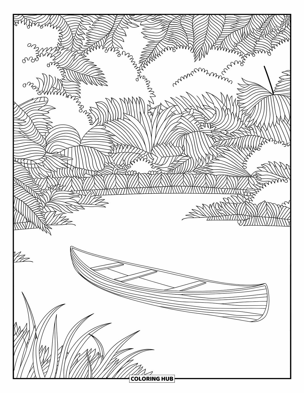 Desenho de Praia para Colorir para Adultos: Uma canoa de madeira flutua em uma lagoa tranquila, cercada por palmeiras balançando