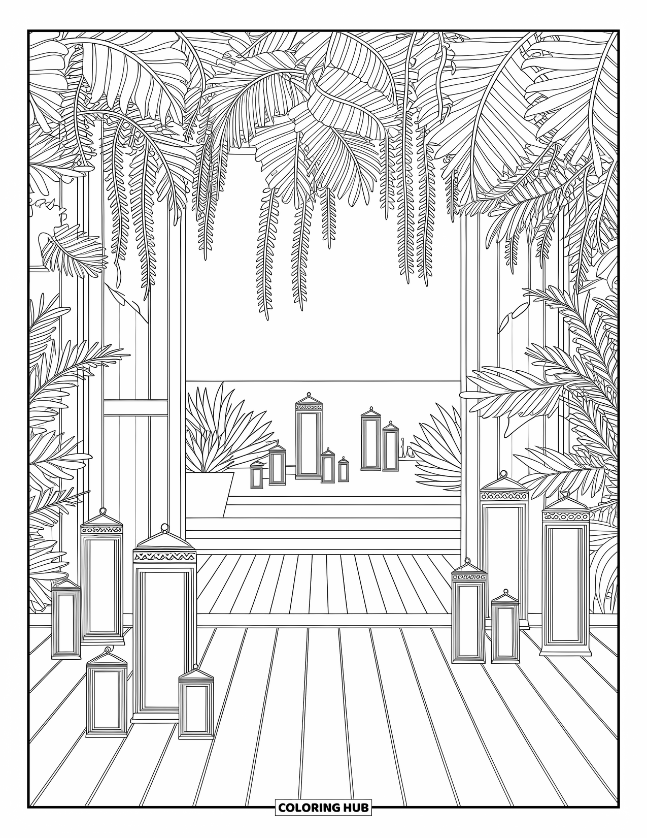 Desenho de Praia para Colorir para Adultos: Um deck de madeira à beira da praia, adornado com lanternas e plantas tropicais exuberantes