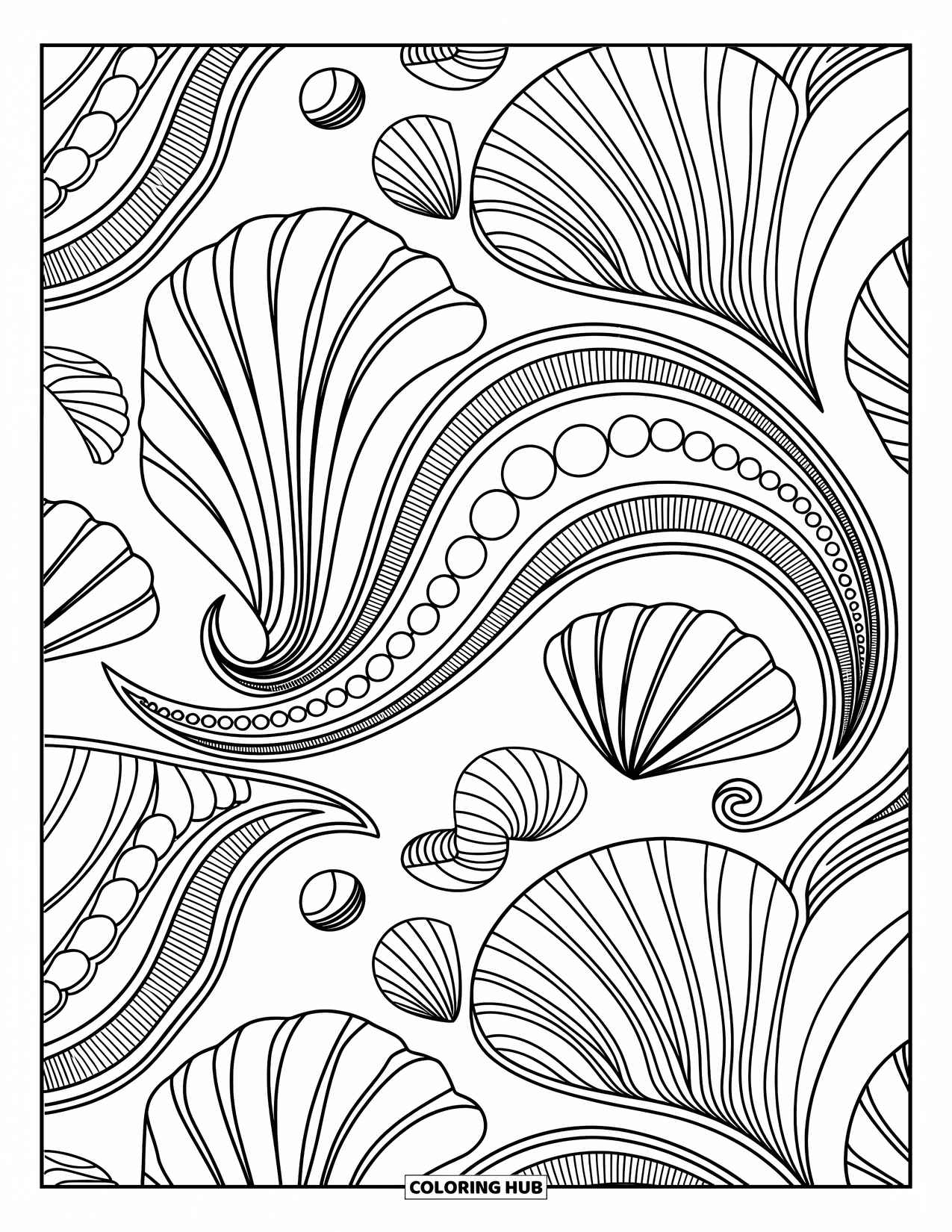 Desenho de Praia para Colorir para Adultos: Um design paisley intrincado inspirado no mar, com ondas e conchas