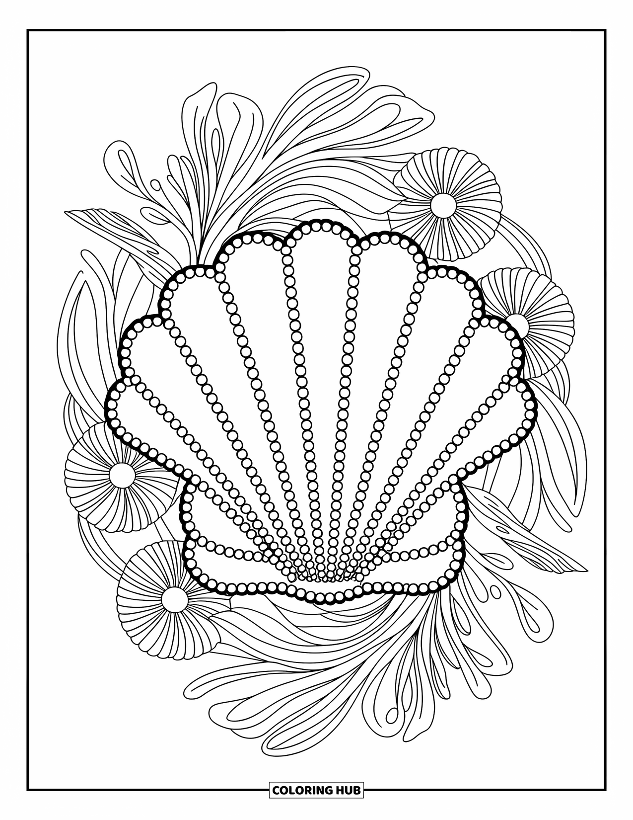 Desenho de Praia para Colorir para Adultos: Um design de concha intrincado com pérolas e padrões rodopiantes inspirados no oceano