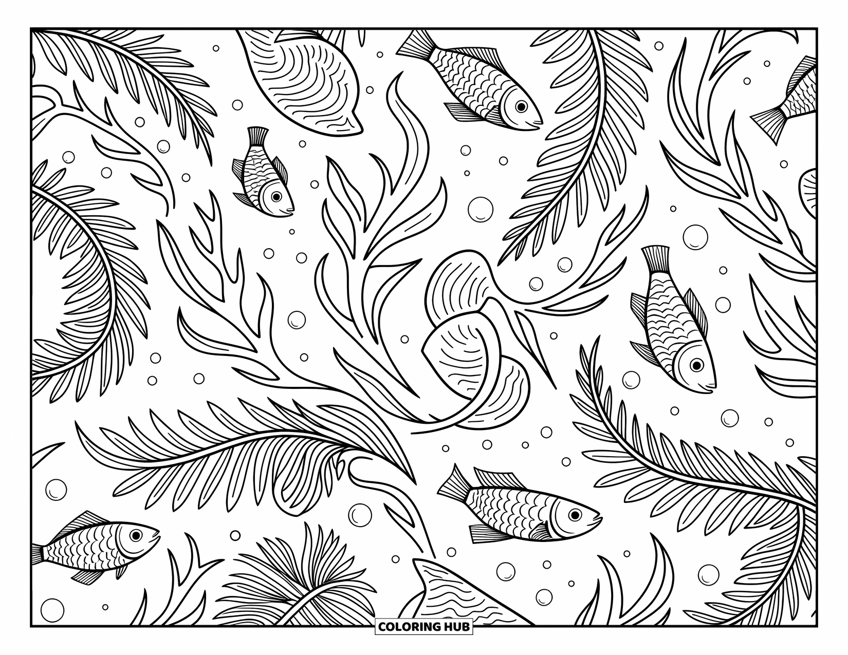 Desenho de Praia para Colorir para Adultos: Uma cena subaquática intrincada com gavinhas de algas marinhas e peixes brincalhões