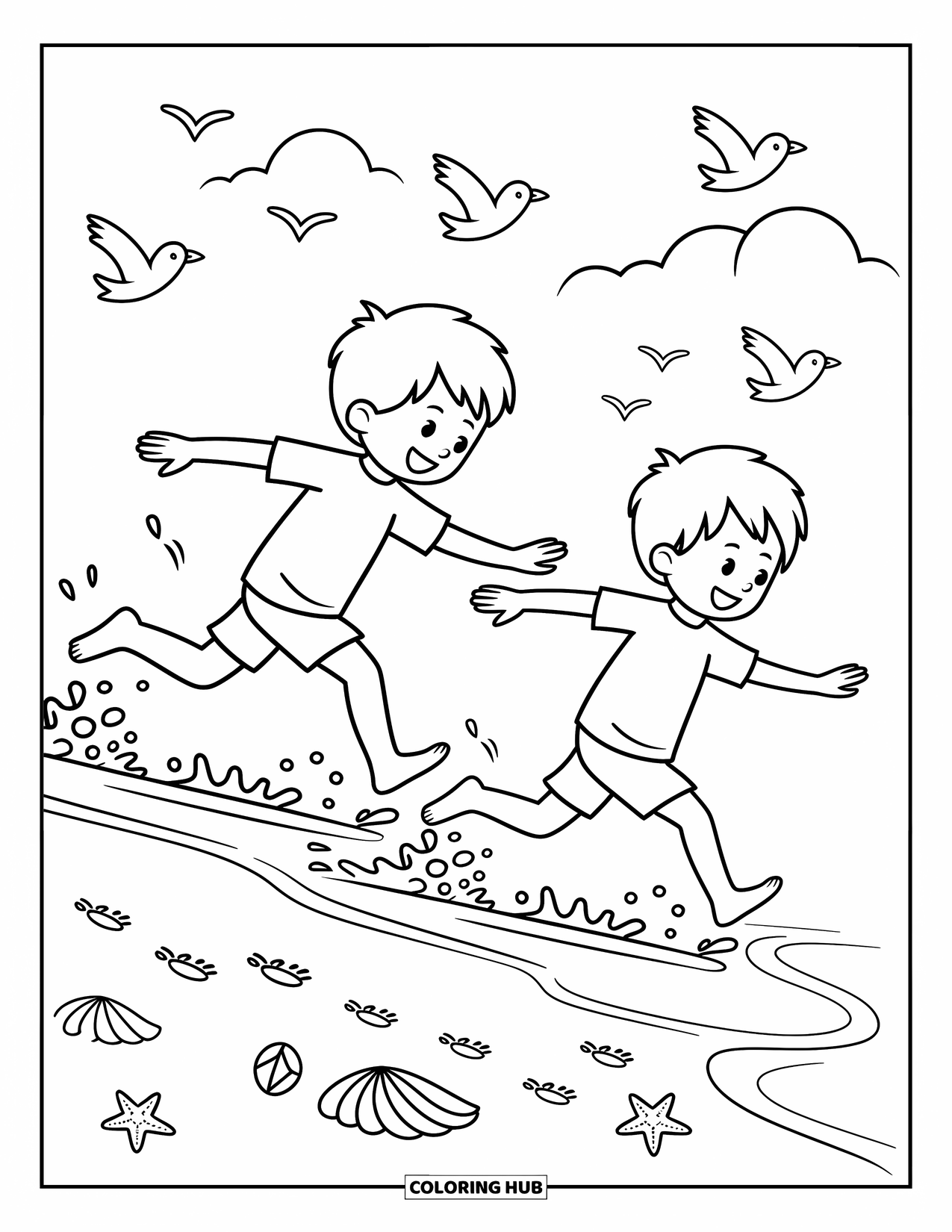 Desenho de Praia para Colorir para Adultos: Melhores amigos correm pela praia, deixando pequenas pegadas na areia