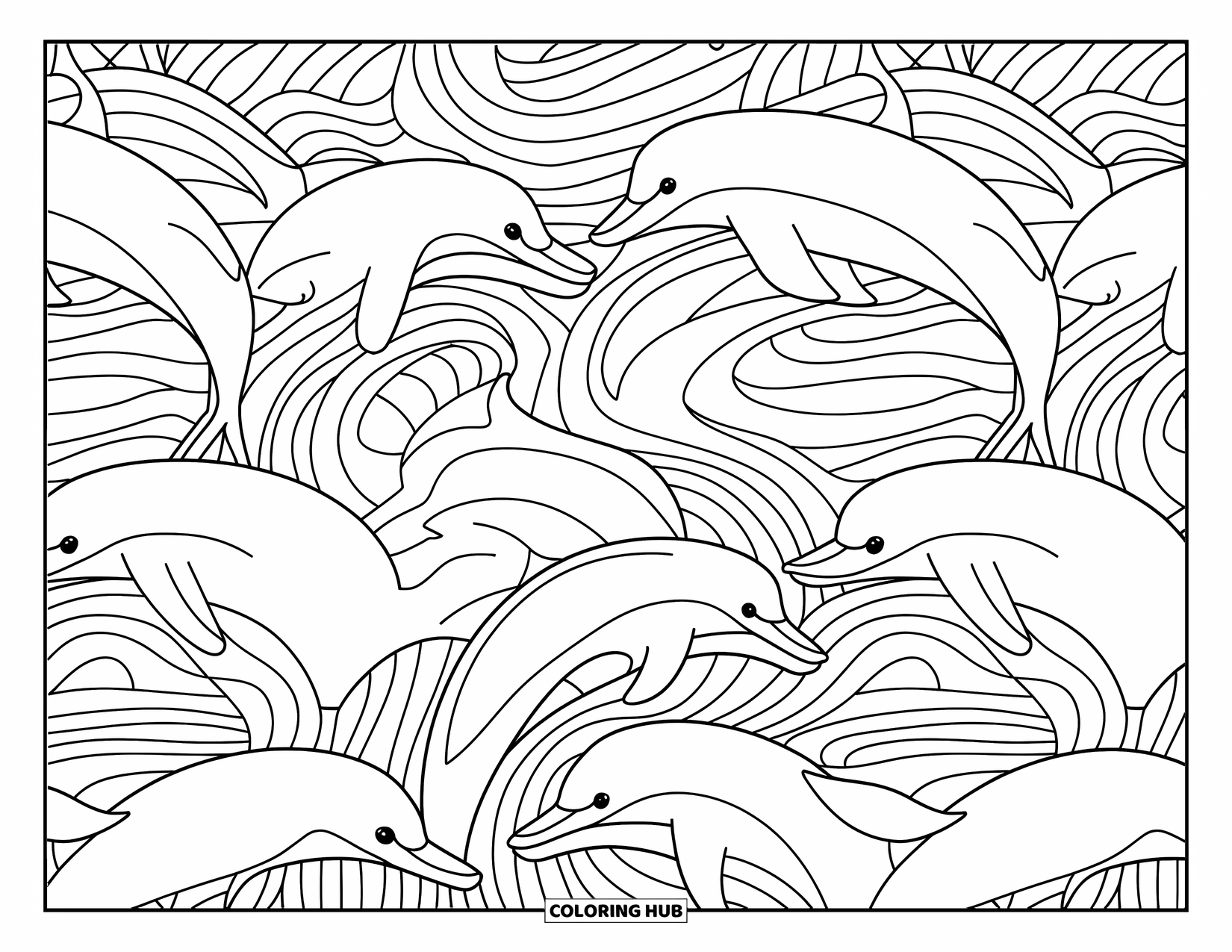 Desenho de Praia para Colorir para Adultos: Golfinhos se misturam em ondas rodopiantes em uma cena oceânica lindamente intrincada