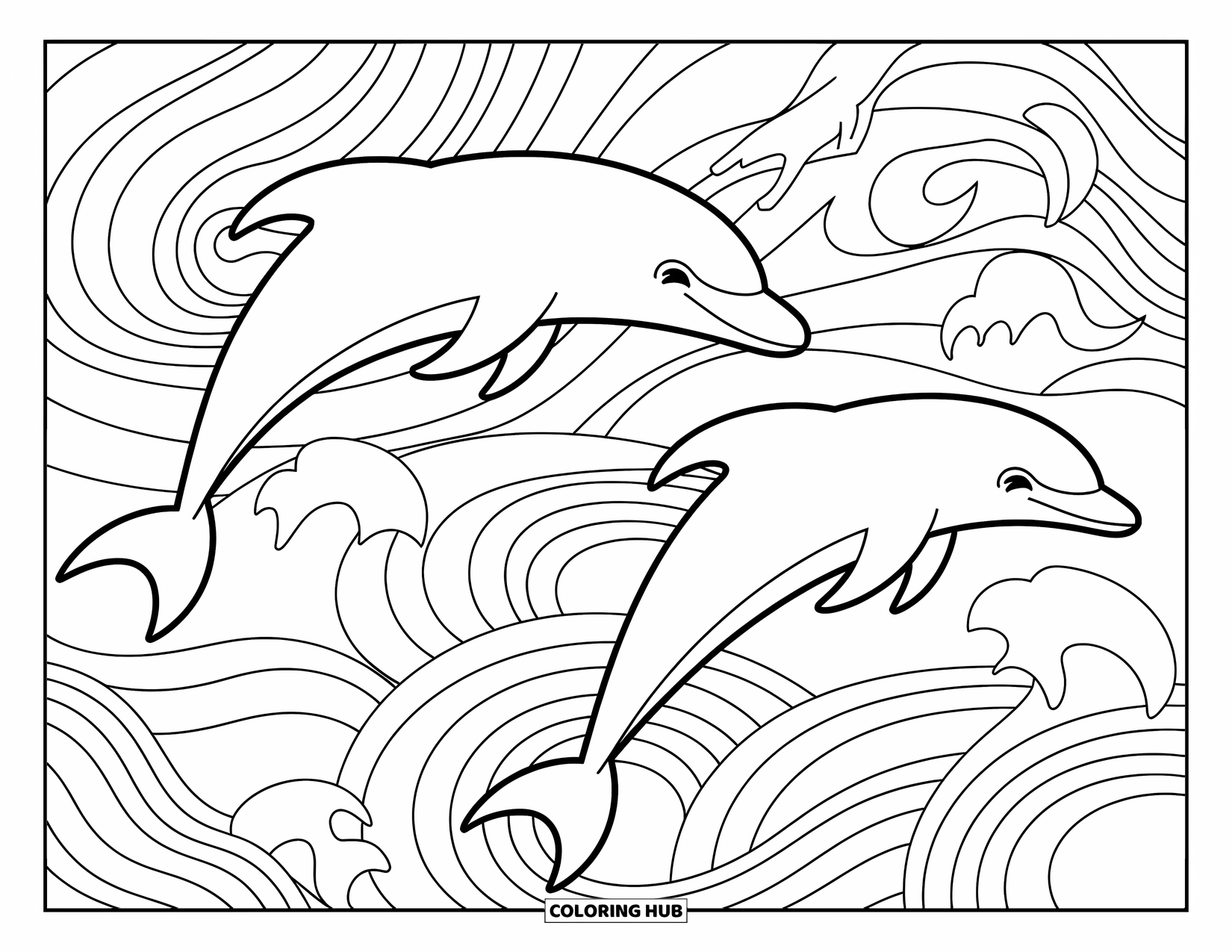 Desenho de Praia para Colorir para Adultos: Golfinhos elegantes saltam através de ondas rodopiantes e intrincadas