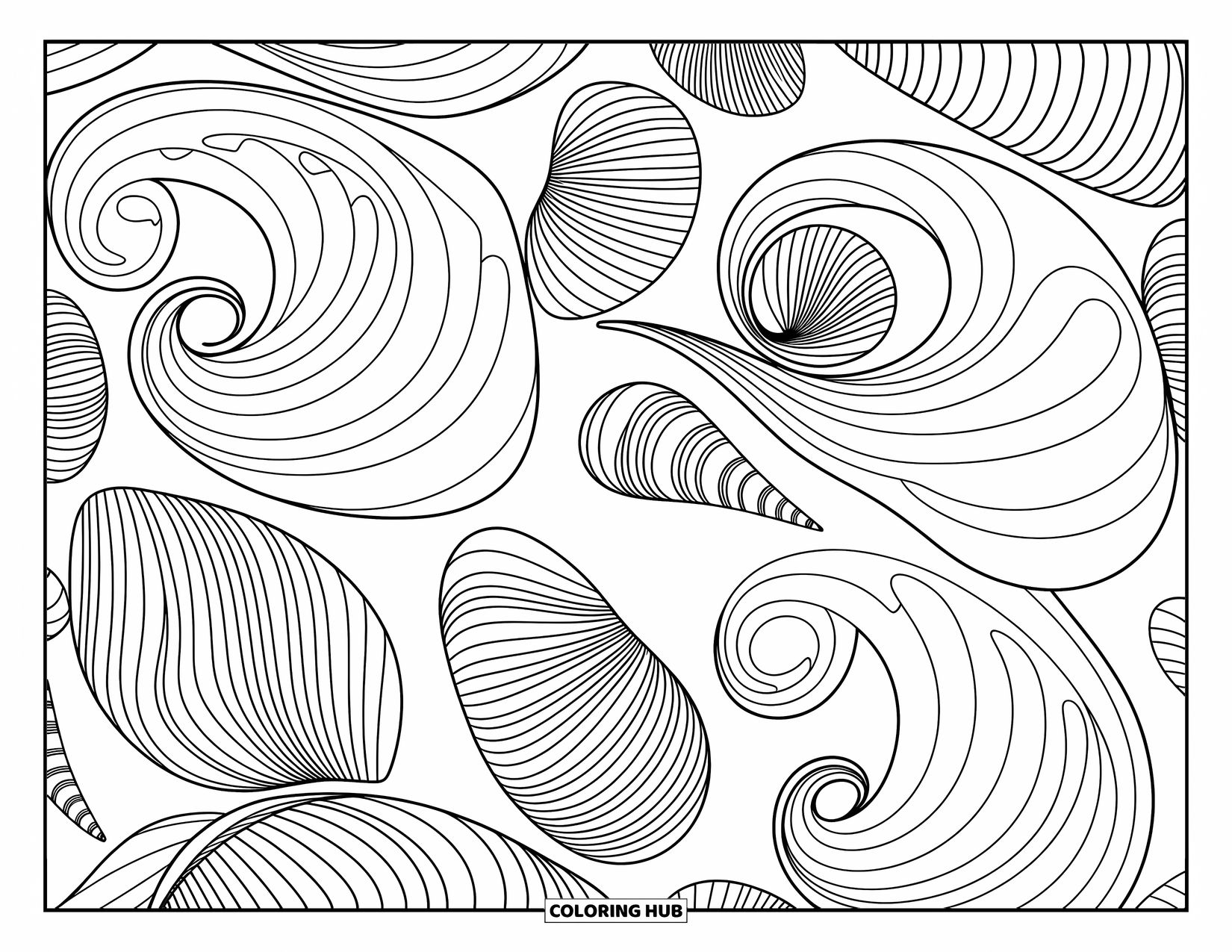 Desenho de Praia para Colorir para Adultos: Ondas oceânicas elegantes se transformam em um design de concha intrincado e hipnotizante