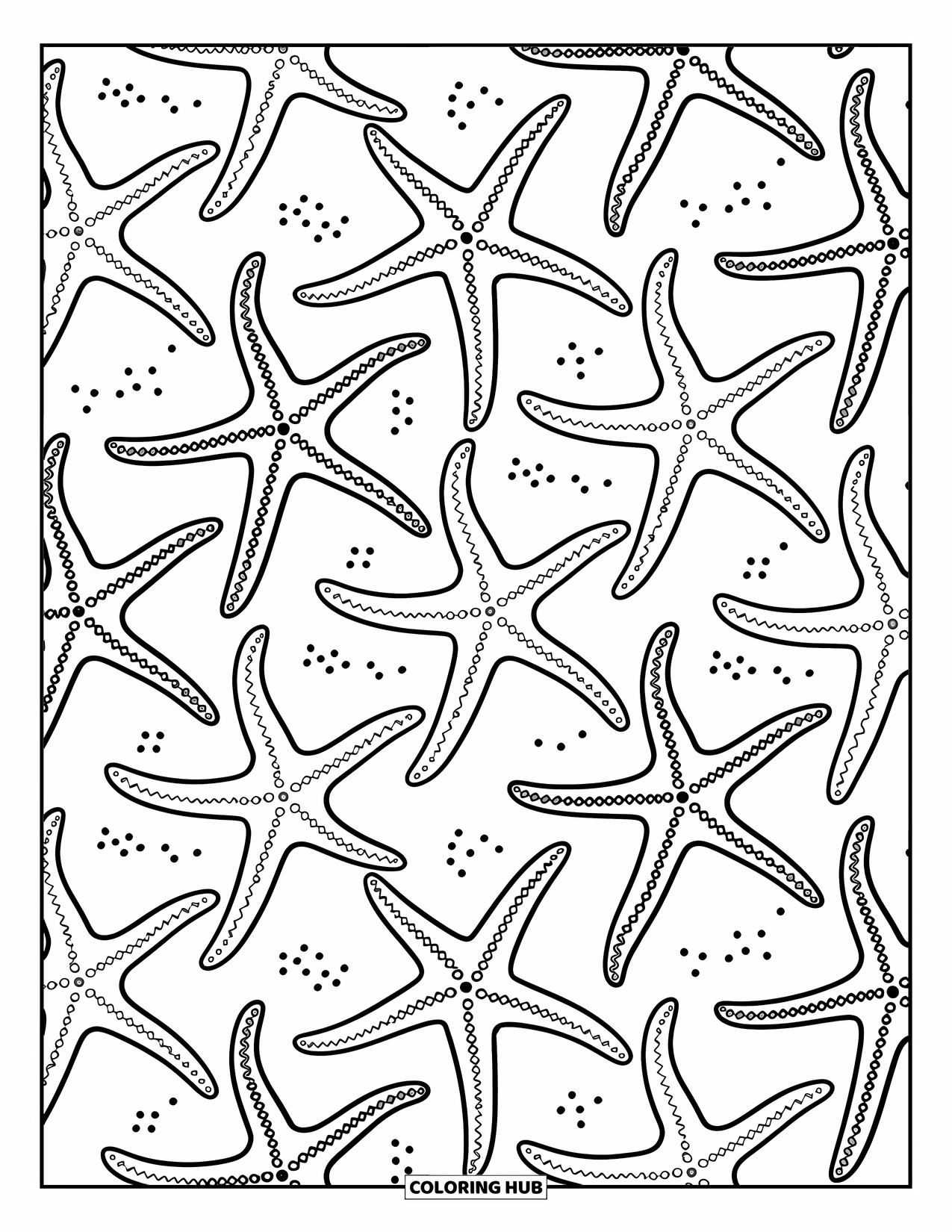 Desenho de Praia para Colorir para Adultos: Padrões de estrelas-do-mar intrincadamente desenhados, cercados por grãos de areia flutuantes