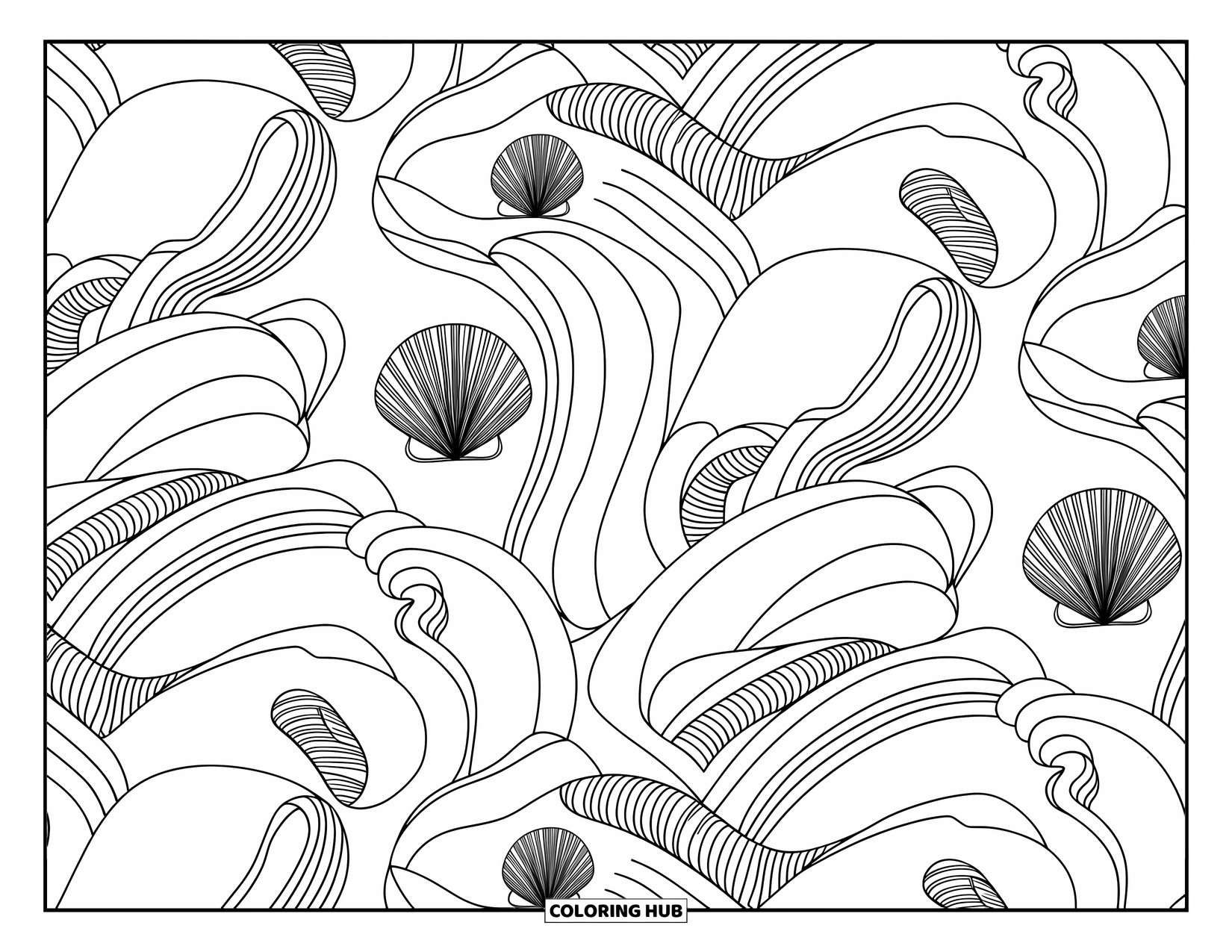 Desenho de Praia para Colorir para Adultos: Ondas oceânicas rodopiantes se enrolam elegantemente em torno de detalhes intrincados de conchas