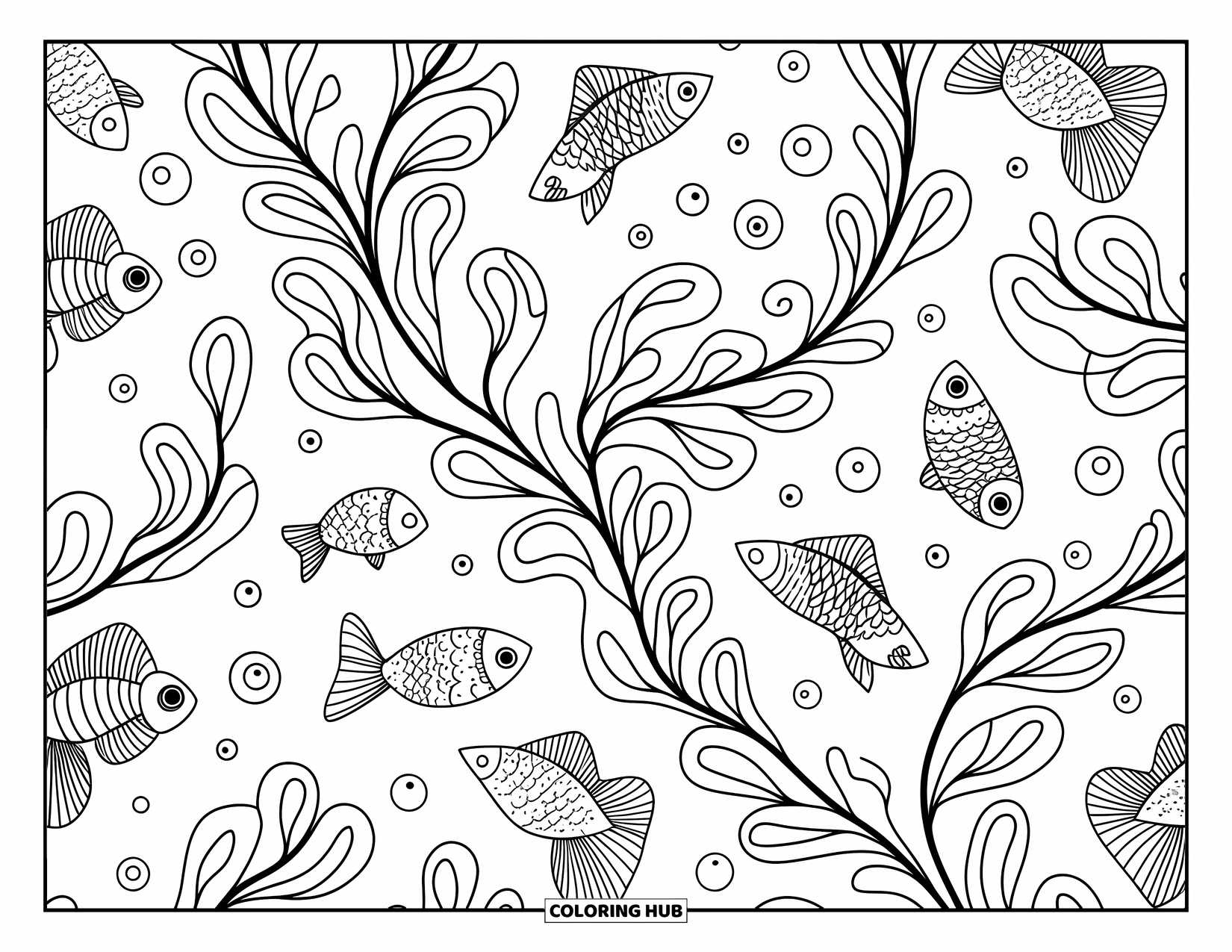 Desenho de Praia para Colorir para Adultos: Algas marinhas rodopiantes e peixes tropicais criam um padrão subaquático artístico