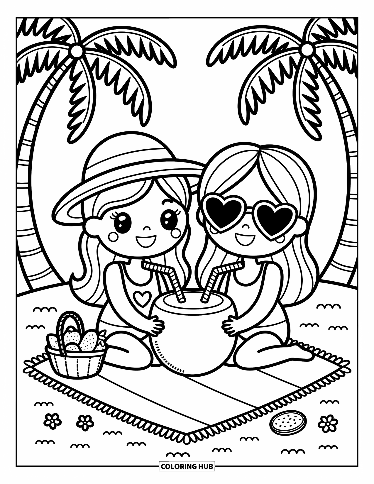 Desenho de Praia para Colorir para Adultos: Dois melhores amigos dividem uma água de coco sentados em uma toalha de praia