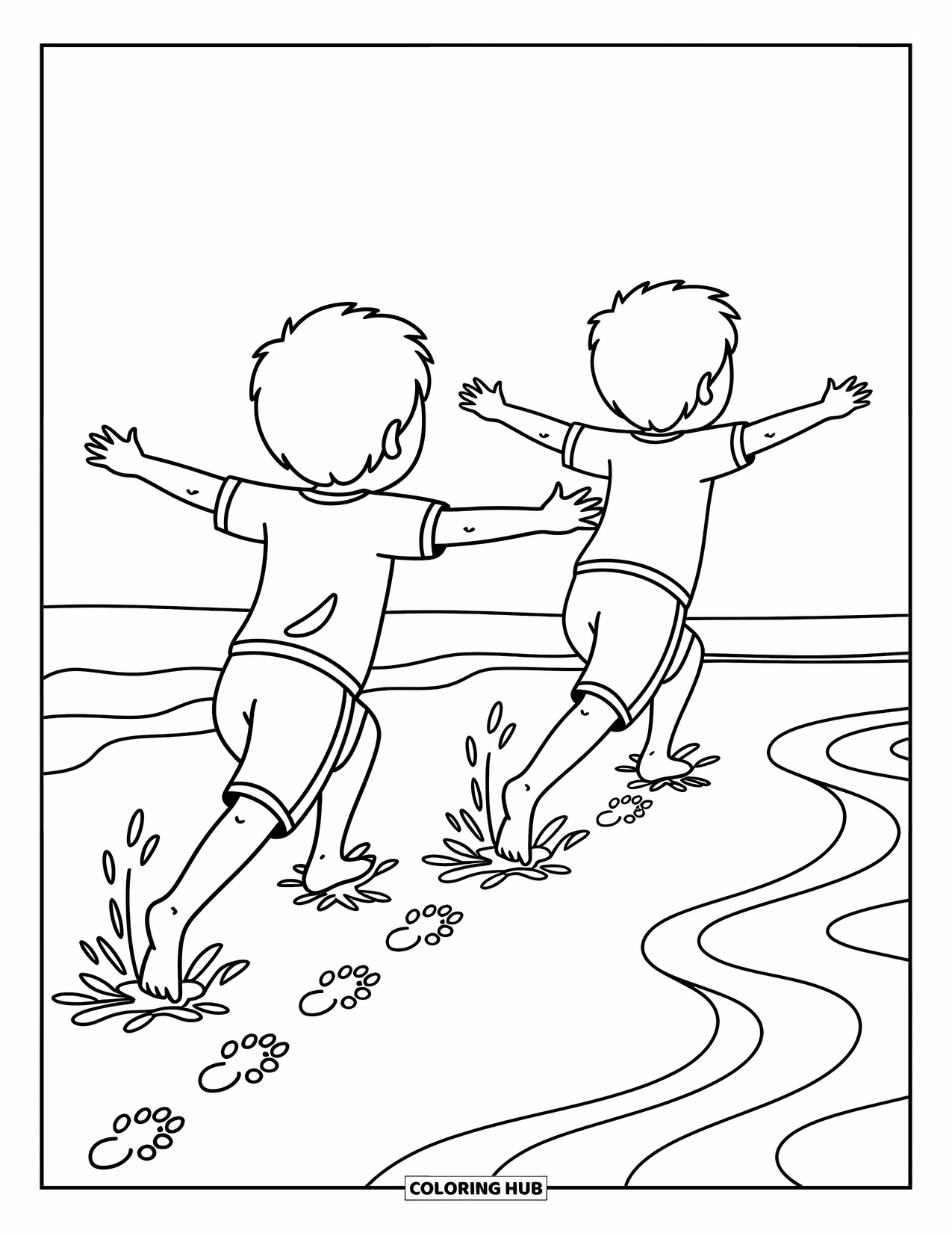 Desenho de Praia para Colorir para Adultos: Dois meninos correm pela orla, chapinhando nas ondas