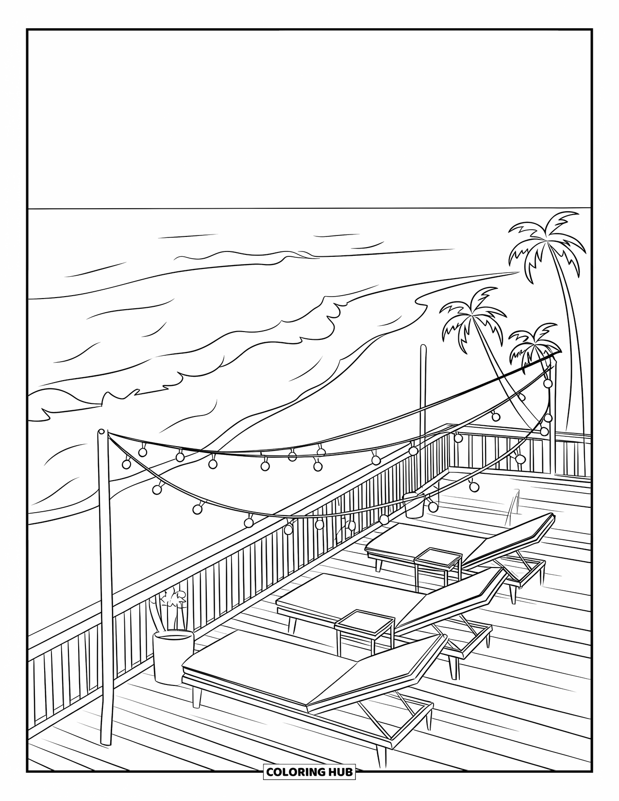 Desenho de Praia para Colorir para Crianças: Um terraço na cobertura à beira-mar com assentos aconchegantes e uma vista perfeita para o oceano