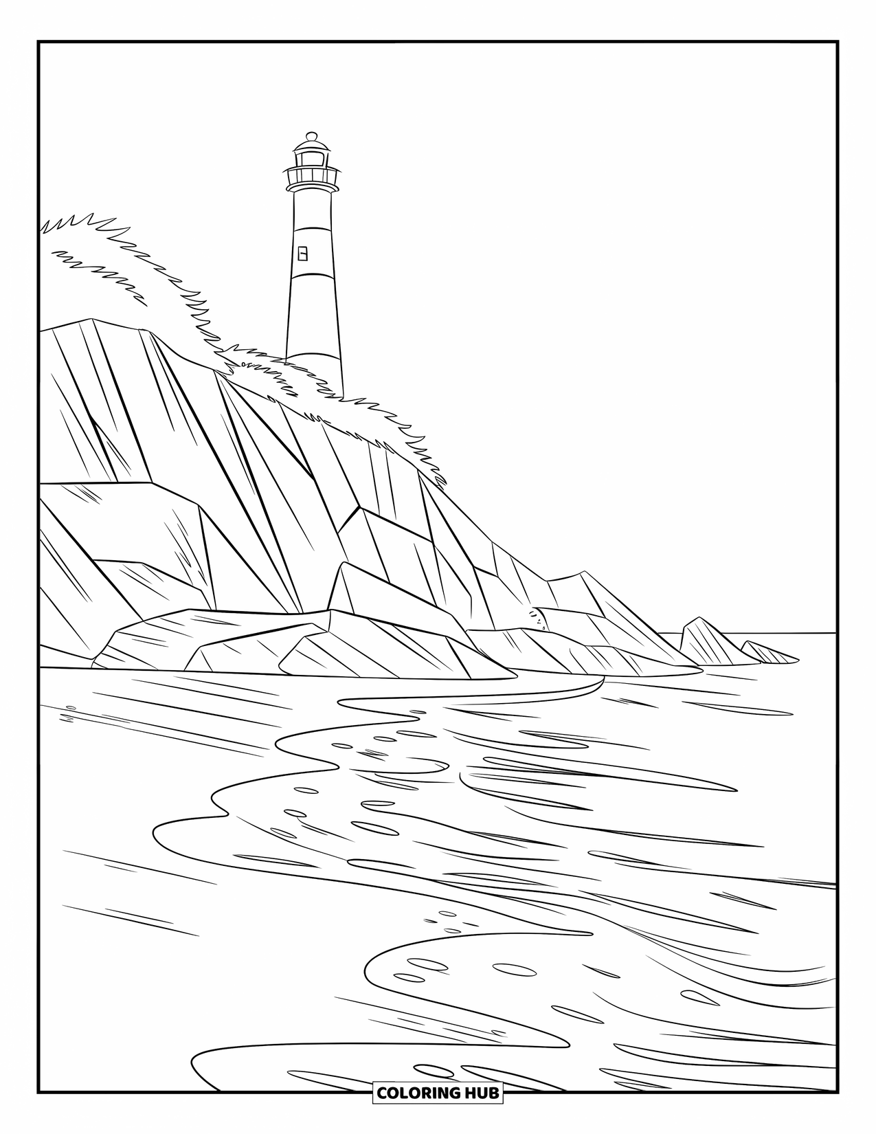 Desenho de Praia para Colorir para Crianças: Um farol à beira-mar com vista para o oceano, cercado por falésias e vegetação
