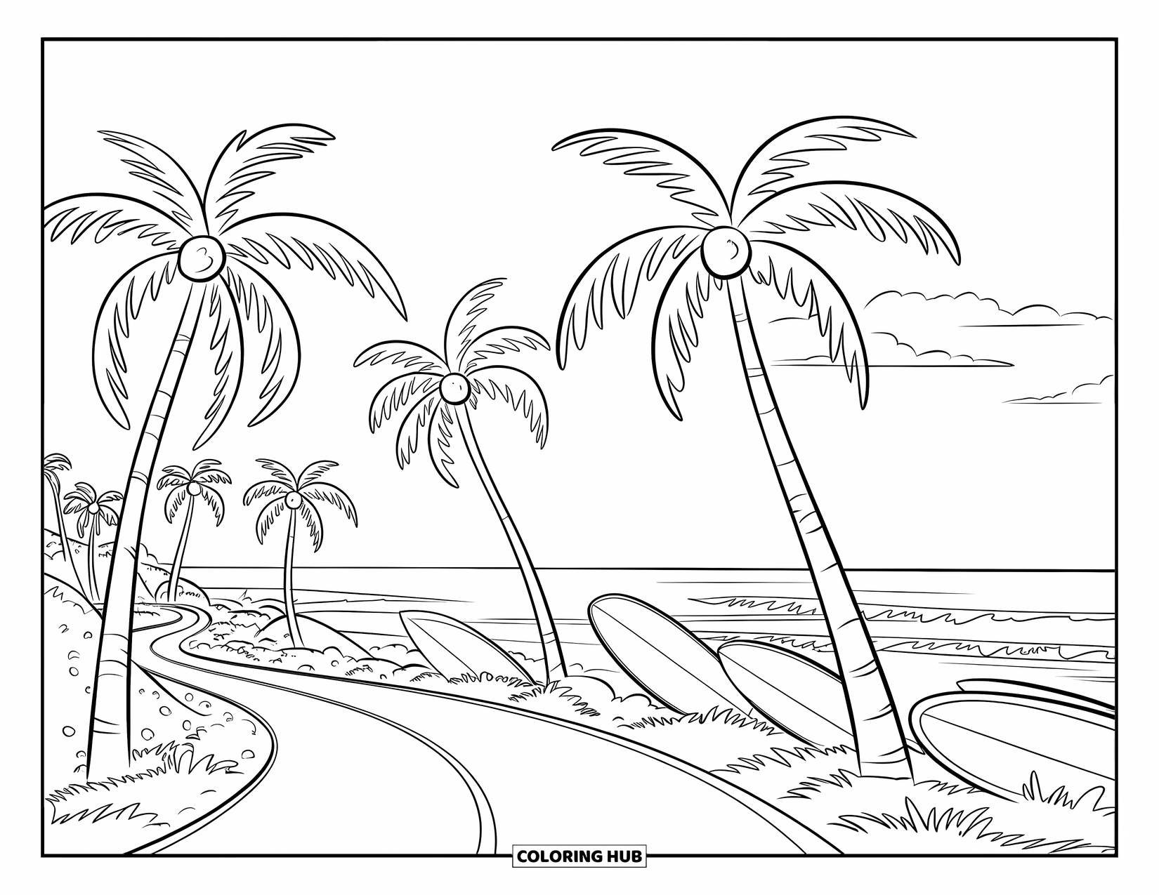 Desenho de Praia para Colorir para Crianças: Uma bela estrada costeira com palmeiras e pranchas de surfe esperando perto da praia