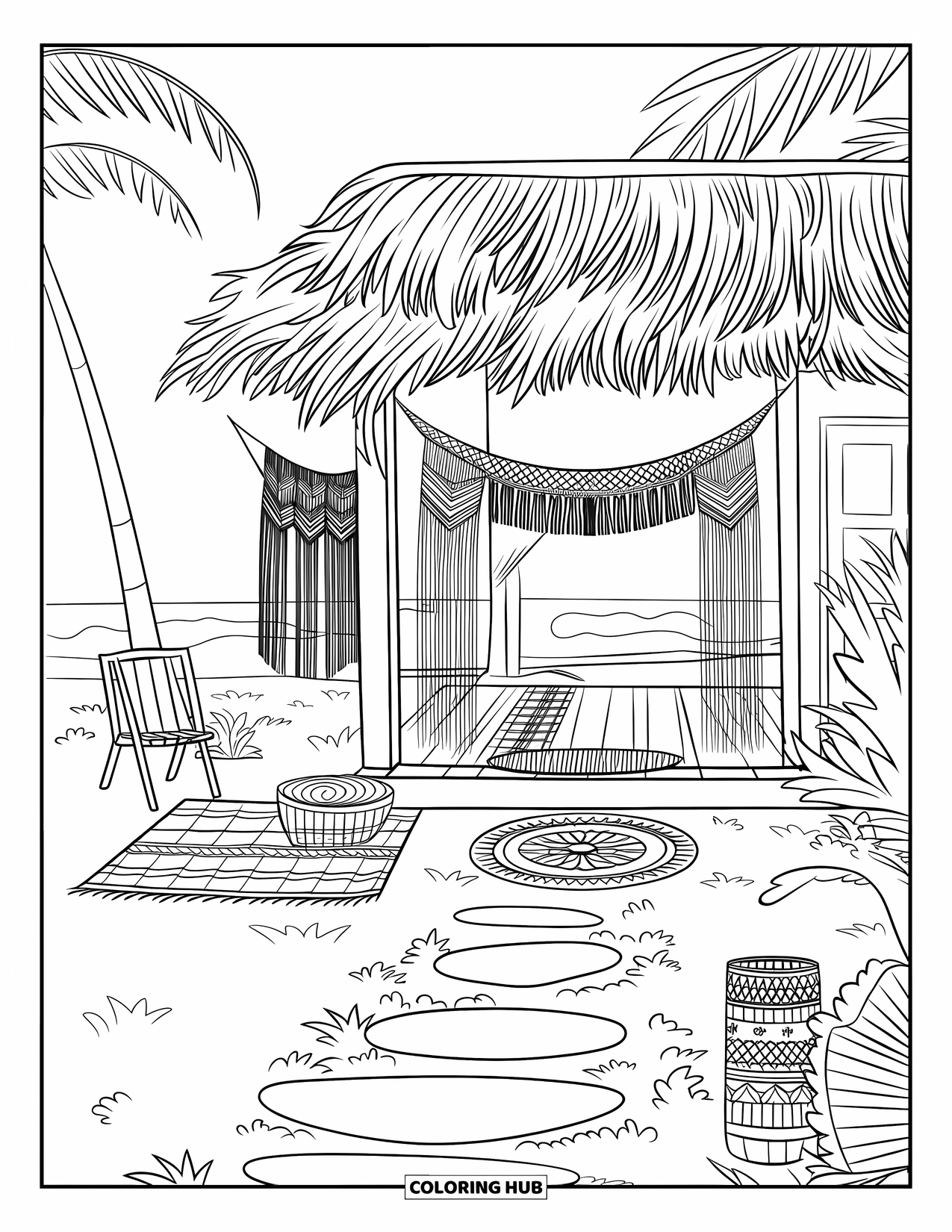 Desenho de Praia para Colorir para Crianças: Uma casa de praia em estilo boho com móveis de madeira e uma vibe relaxante à beira-mar