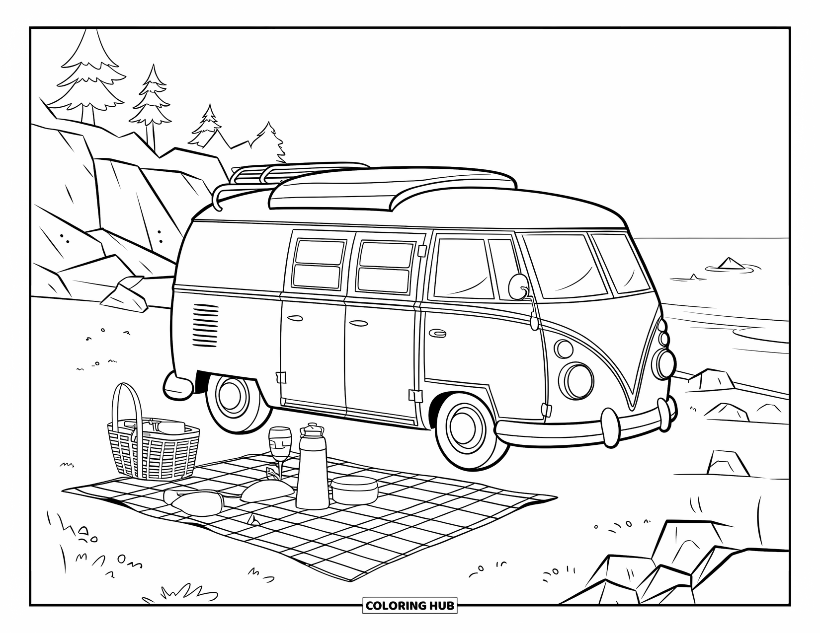 Desenho de Praia para Colorir para Crianças: Uma van de campista perto do oceano, cercada por uma cena de piquenique e natureza