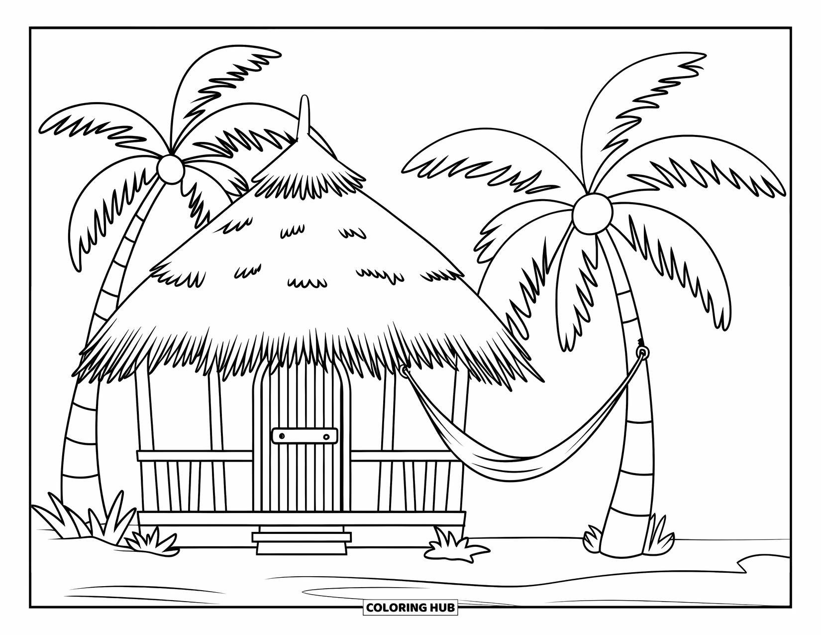 Desenho de Praia para Colorir para Crianças: Uma charmosa cabana de praia com uma porta de madeira e uma rede pendurada por perto