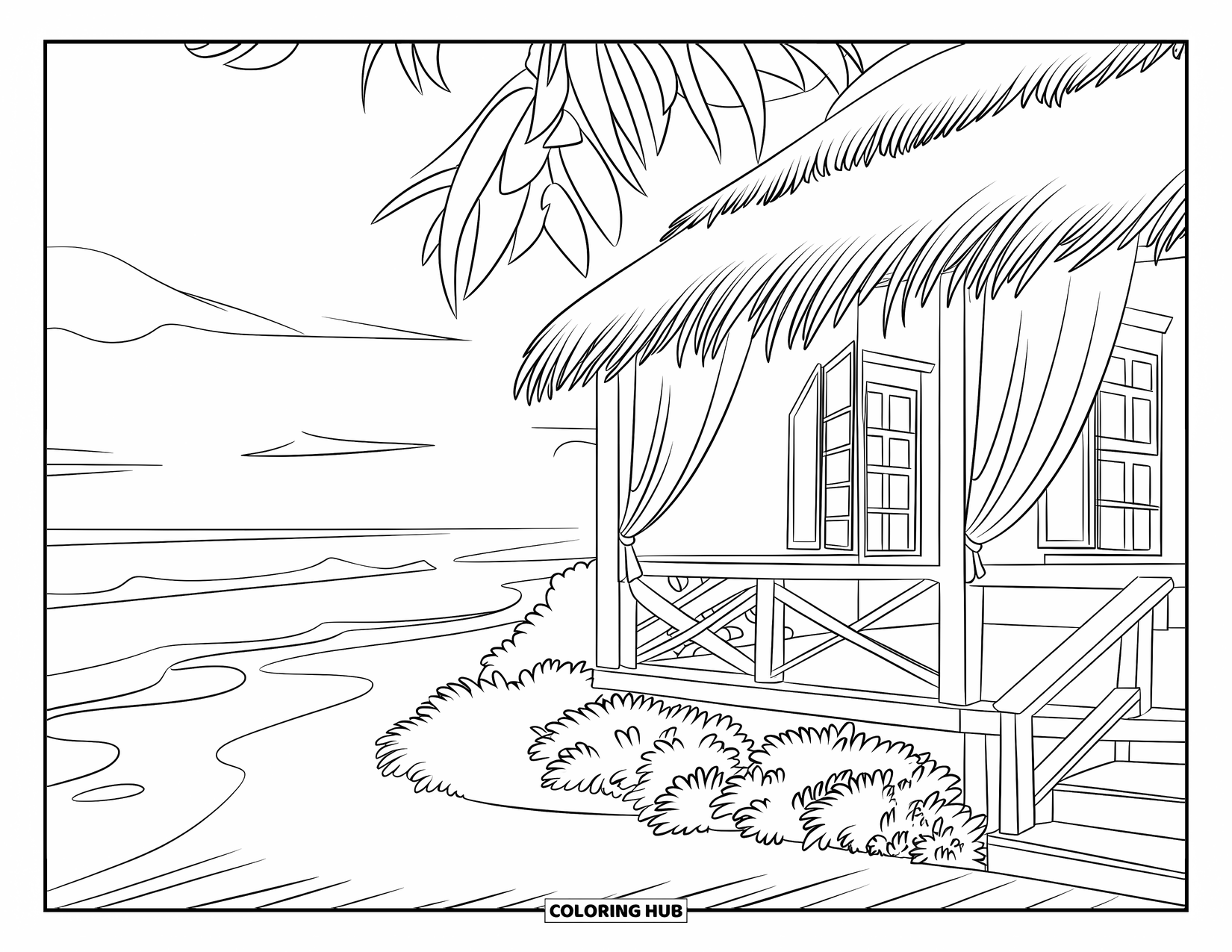 Desenho de Praia para Colorir para Crianças: Uma charmosa casa de campo à beira-mar cercada por palmeiras e ondas suaves do oceano