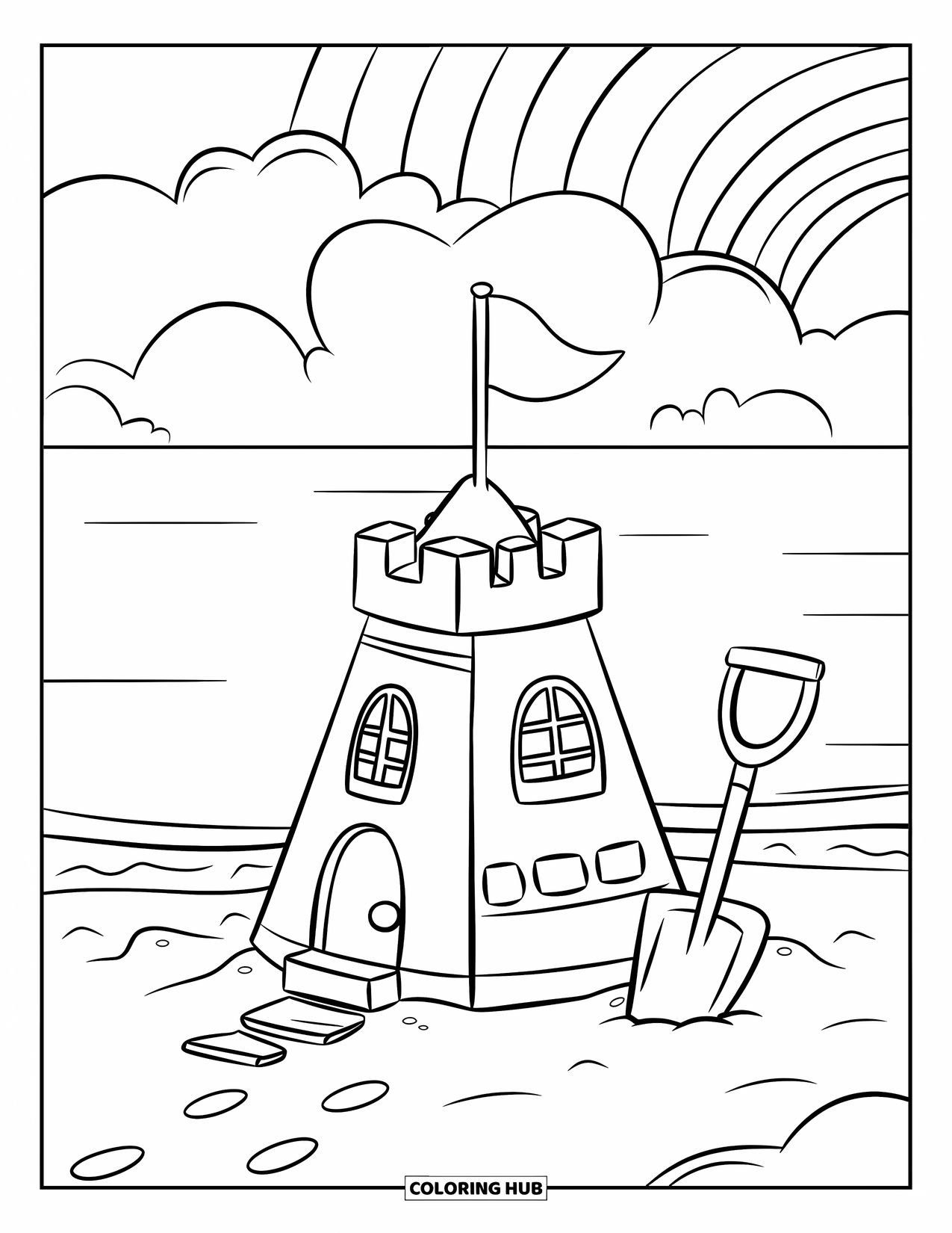 Desenho de Praia para Colorir para Crianças: Um castelo de areia charmoso com uma bandeira, uma pá e uma vista pacífica do oceano