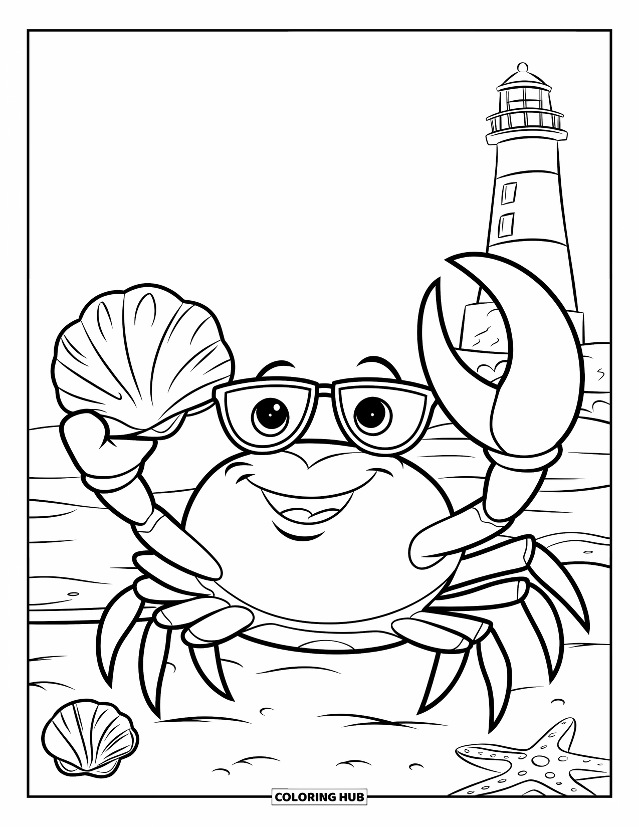 Desenho de Praia para Colorir para Crianças: Um caranguejo alegre usando óculos de sol segura uma concha na costa arenosa
