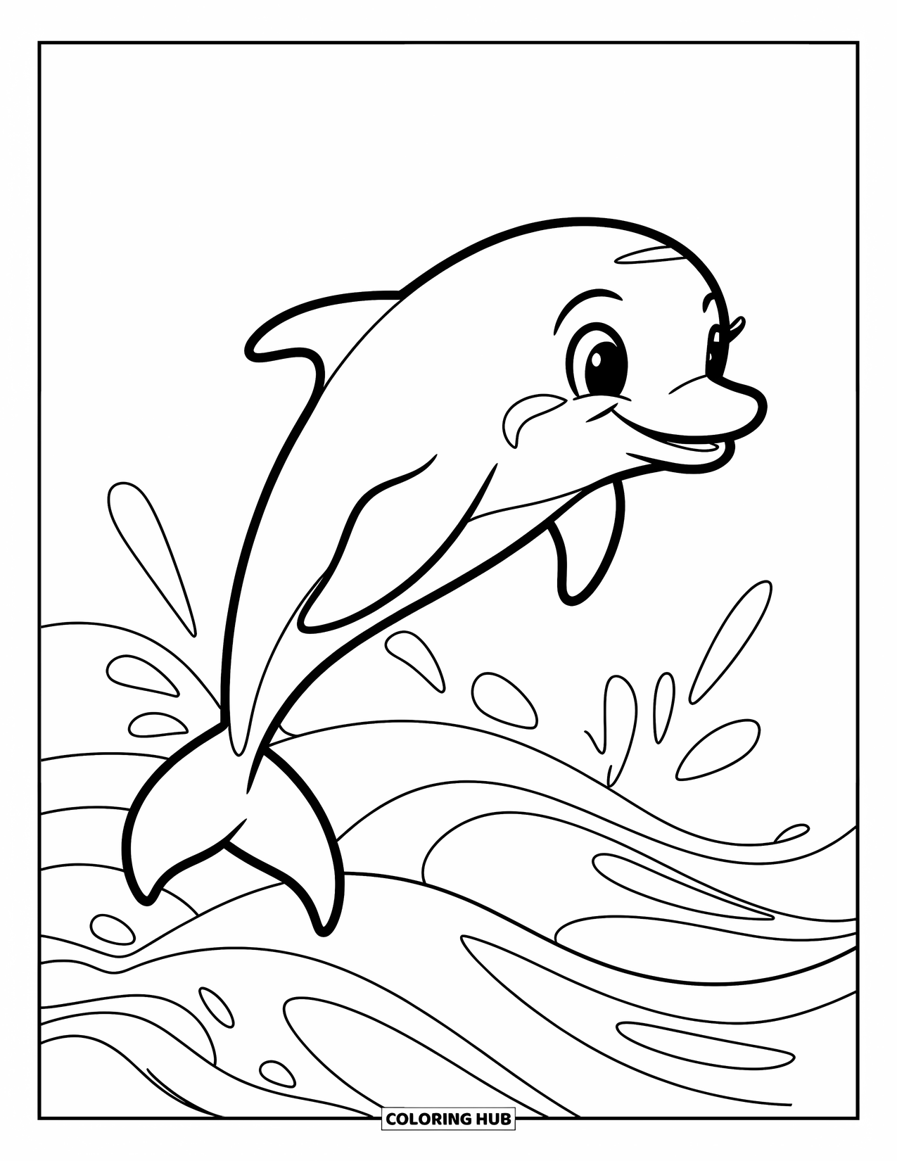 Desenho de Praia para Colorir para Crianças: Um golfinho alegre salta sobre ondas suaves do oceano com um grande sorriso
