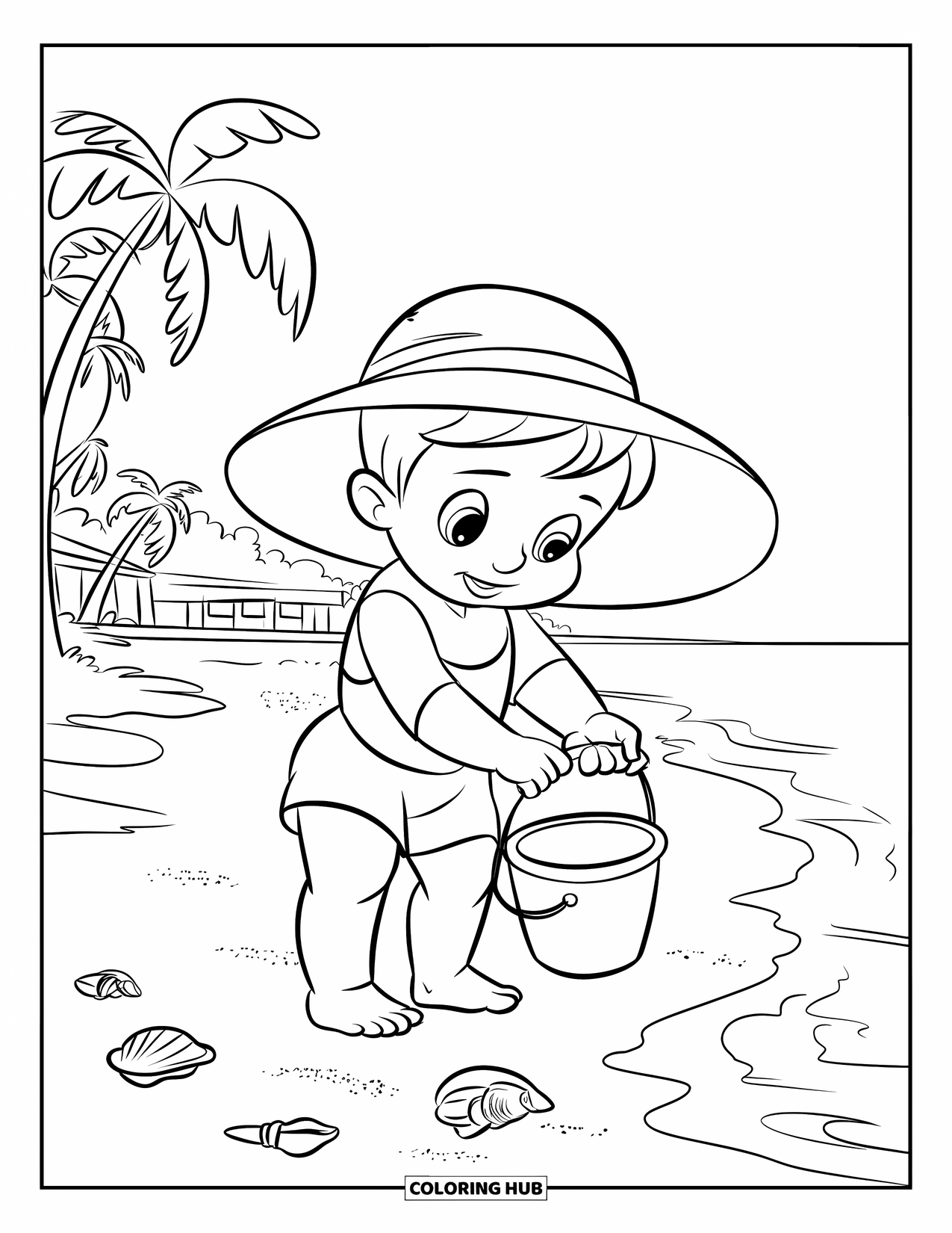 Desenho de Praia para Colorir para Crianças: Uma criança com um chapéu de sol coleta conchas ao longo da costa