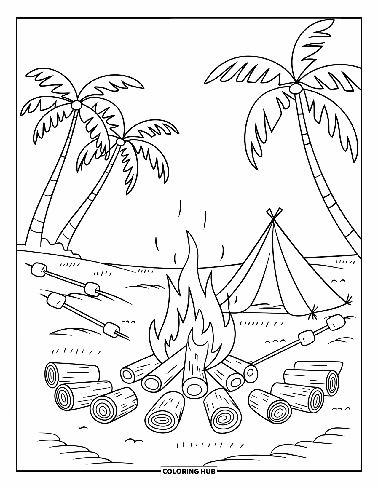 Desenho de Praia para Colorir para Crianças: Uma fogueira de praia aconchegante com assentos de madeira flutuante, uma tenda e marshmallows em palitos
