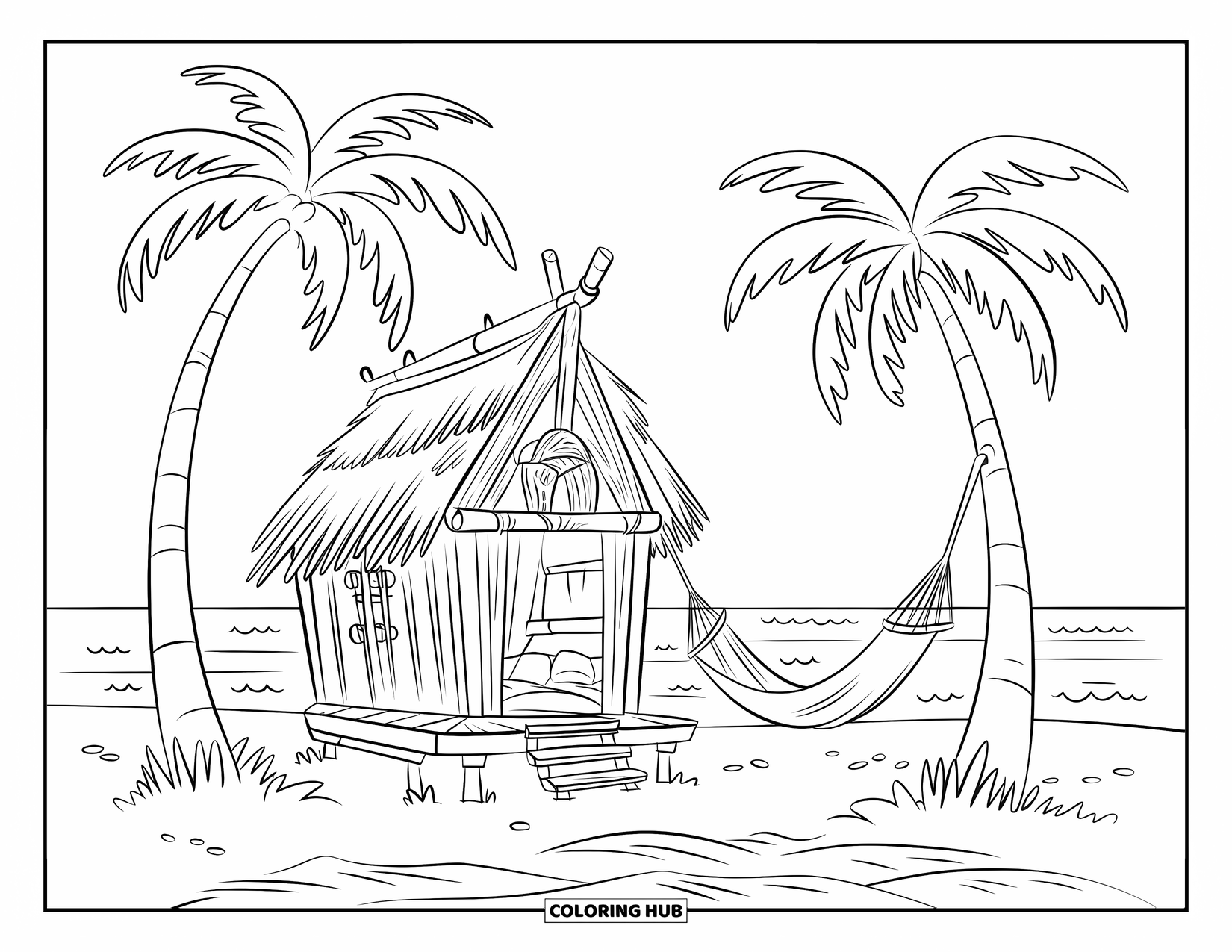 Desenho de Praia para Colorir para Crianças: Uma cabana de praia aconchegante com um telhado de palha e uma rede balançando entre as palmeiras