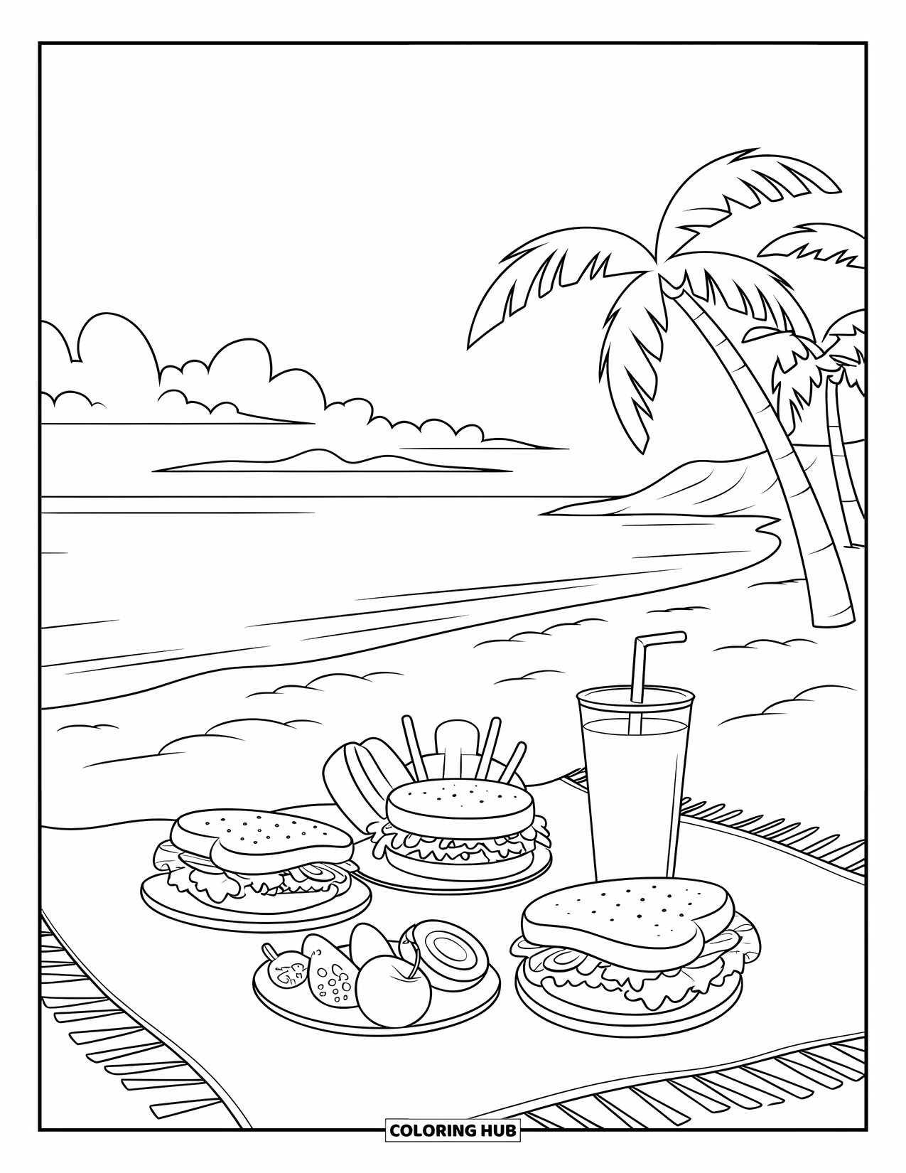Desenho de Praia para Colorir para Crianças: Um piquenique de praia aconchegante com sanduíches, frutas e uma bebida refrescante